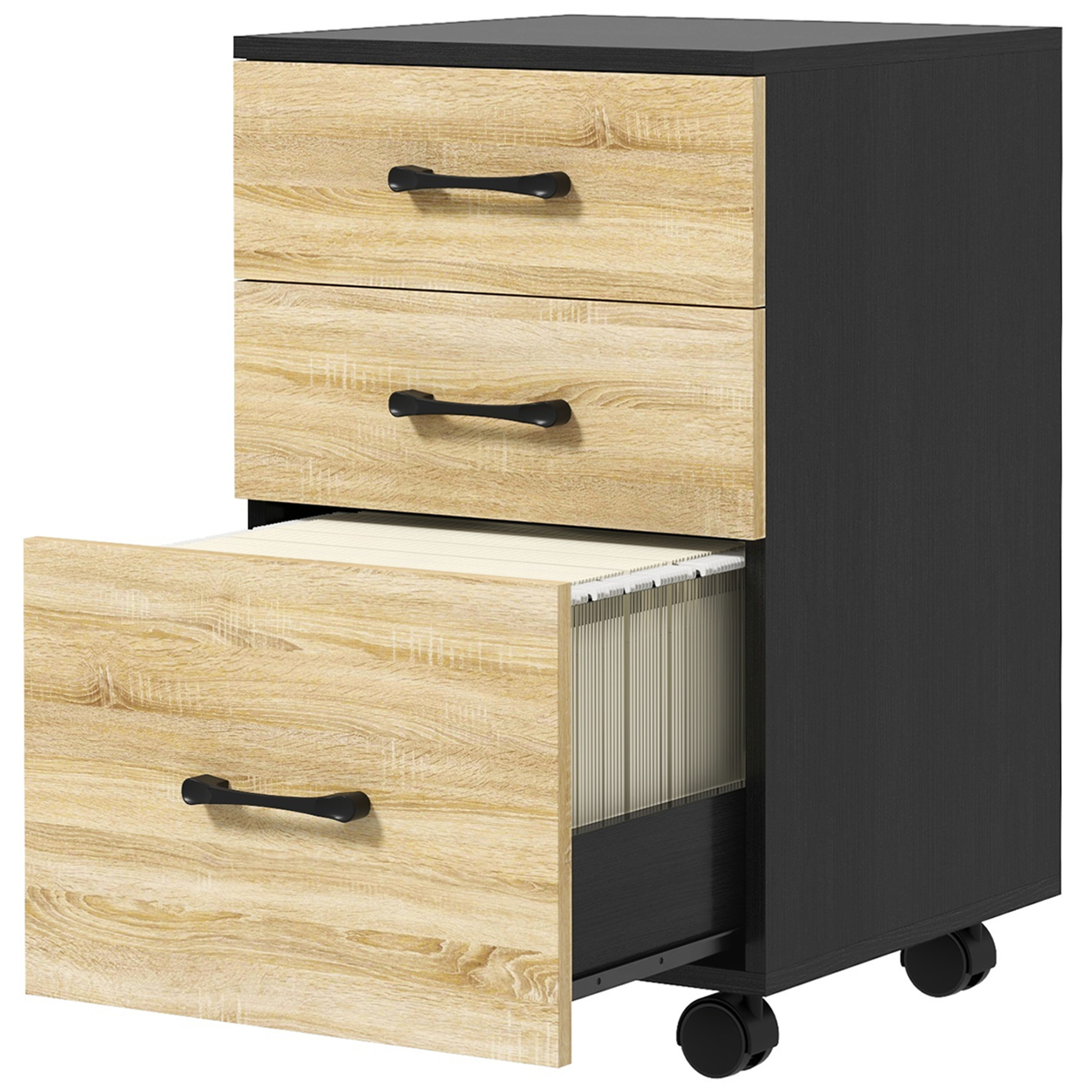 HOMCOM Dulap Vertical pentru Fișiere cu 3 Sertare pentru Biroul de Acasă, Dulap Mobil cu Roți, Bară Suspendată Reglabilă, 40x42x65 cm, Stejar și Negru HOMCOM Dulap Vertical pentru Fișiere cu 3 Sertare pentru Biroul de Acasă, Dulap Mobil cu Roți, Bară Suspendată Reglabilă, 40x42x65 cm, Stejar și Negru