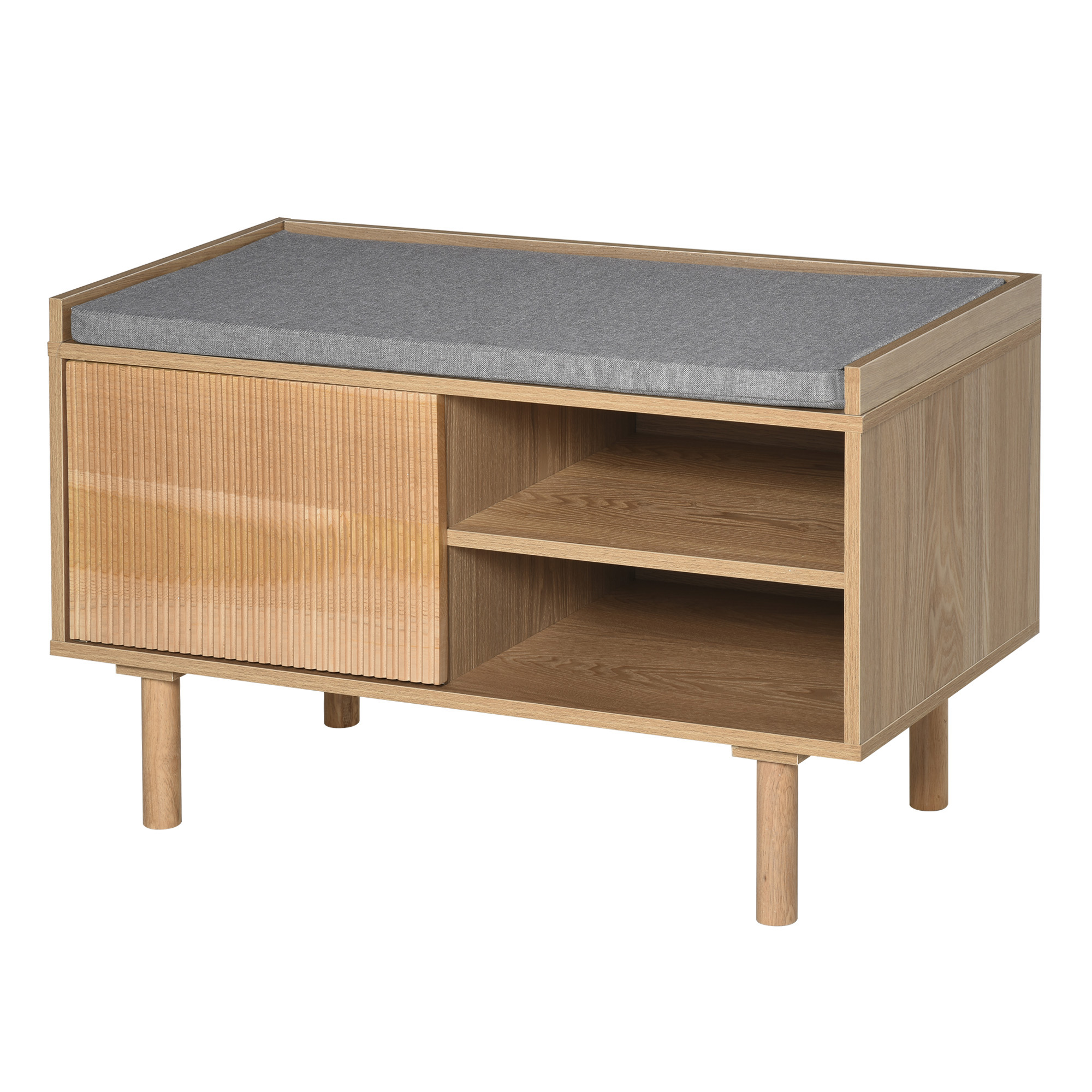 HOMCOM Mobilier Suport pentru pantofi din Lemn cu Banca capitonata, Polita si Dulapior, Culoare Naturala si Gri, 80x40x49,5 cm HOMCOM Mobilier Suport pentru pantofi din Lemn cu Banca capitonata, Polita si Dulapior, Culoare Naturala si Gri, 80x40x49,5 cm