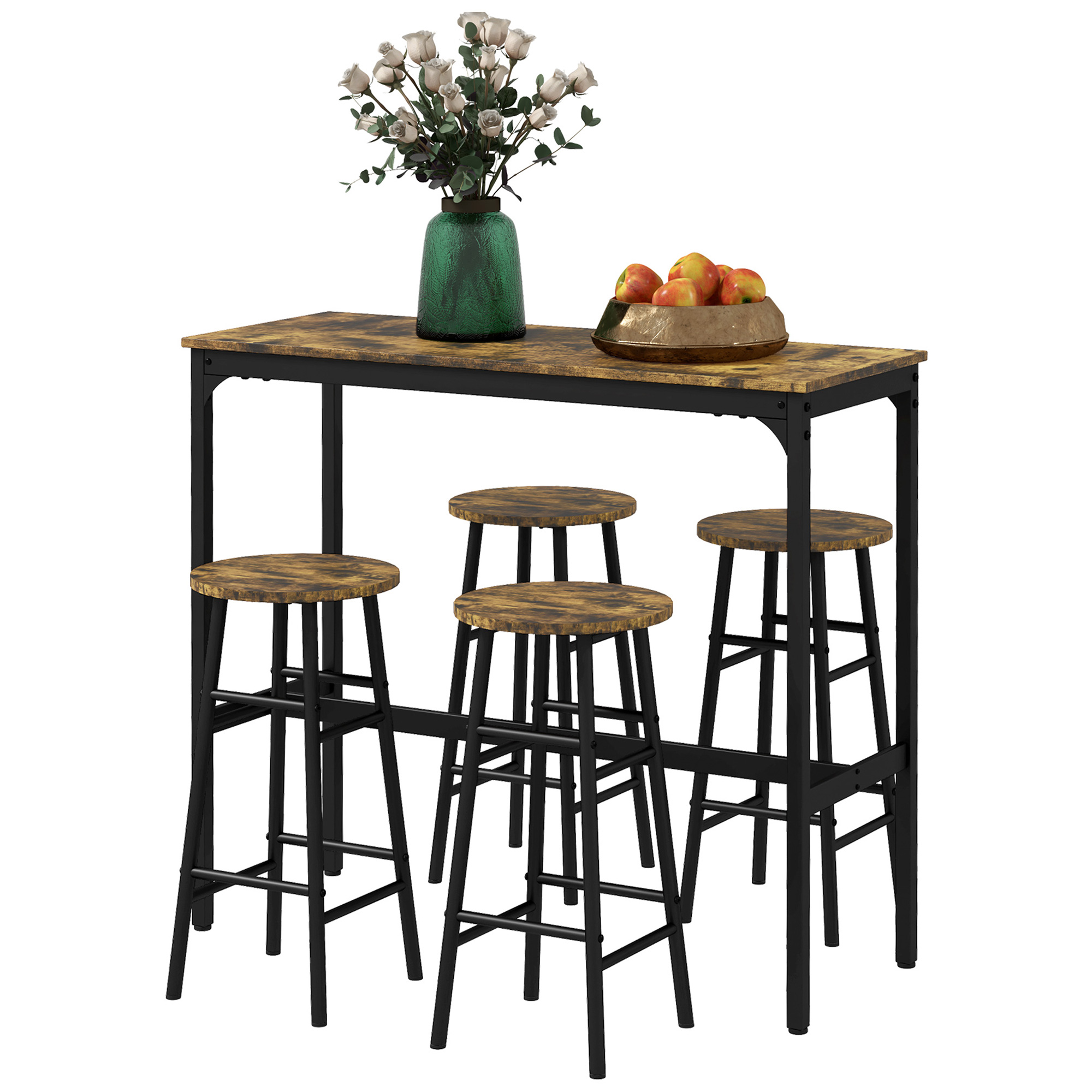 HOMCOM Set masă și scaune din MDF și oțel cu 4 scaune cu suport pentru picioare Ø30x60cm și masă dreptunghiulară 105x40x90cm negru, maro | Aosom RO HOMCOM Set masă și scaune din MDF și oțel cu 4 scaune cu suport pentru picioare Ø30x60cm și masă dreptunghiulară 105x40x90cm negru, maro | Aosom RO