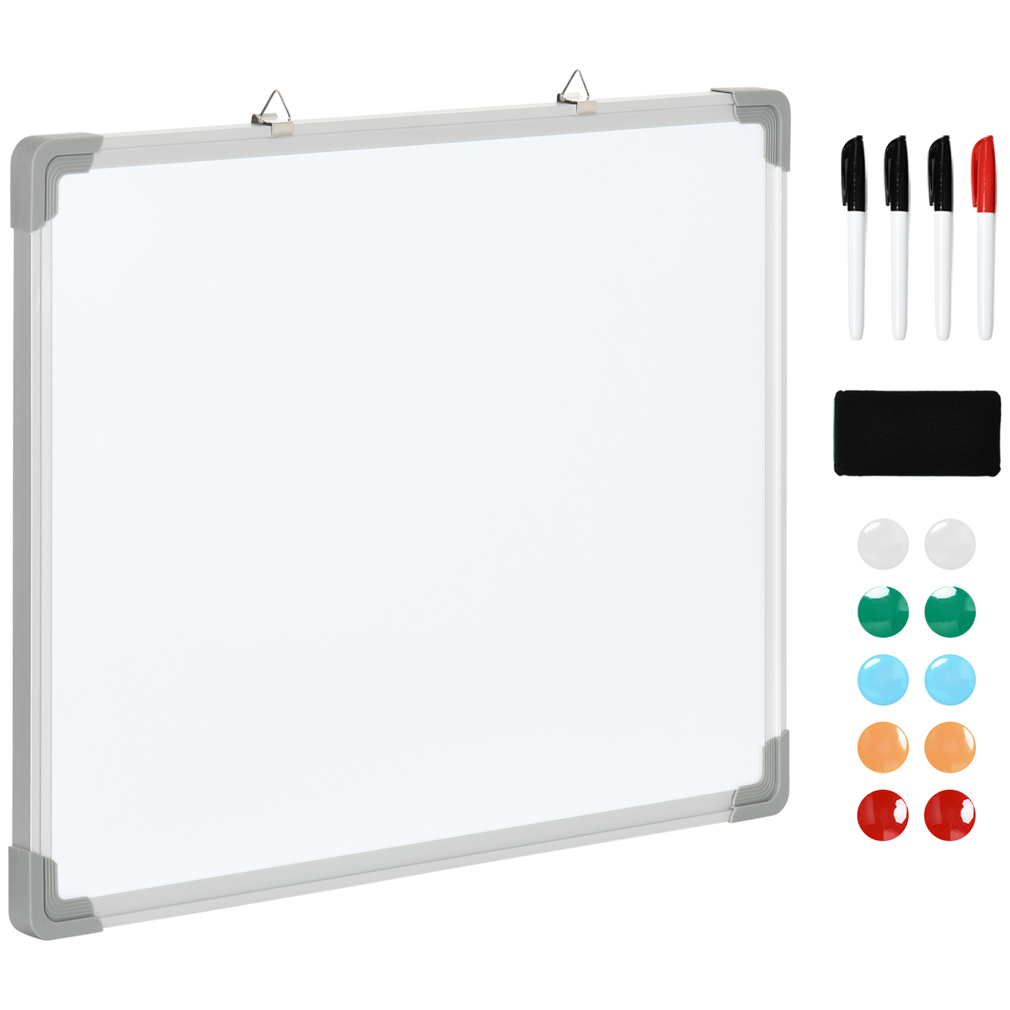 HOMCOM Tablă Magnetică de Perete cu Margini Rotunjite cu Radieră, Markere și Magneți, 60x1.8x45 cm, Albă HOMCOM Tablă Magnetică de Perete cu Margini Rotunjite cu Radieră, Markere și Magneți, 60x1.8x45 cm, Albă