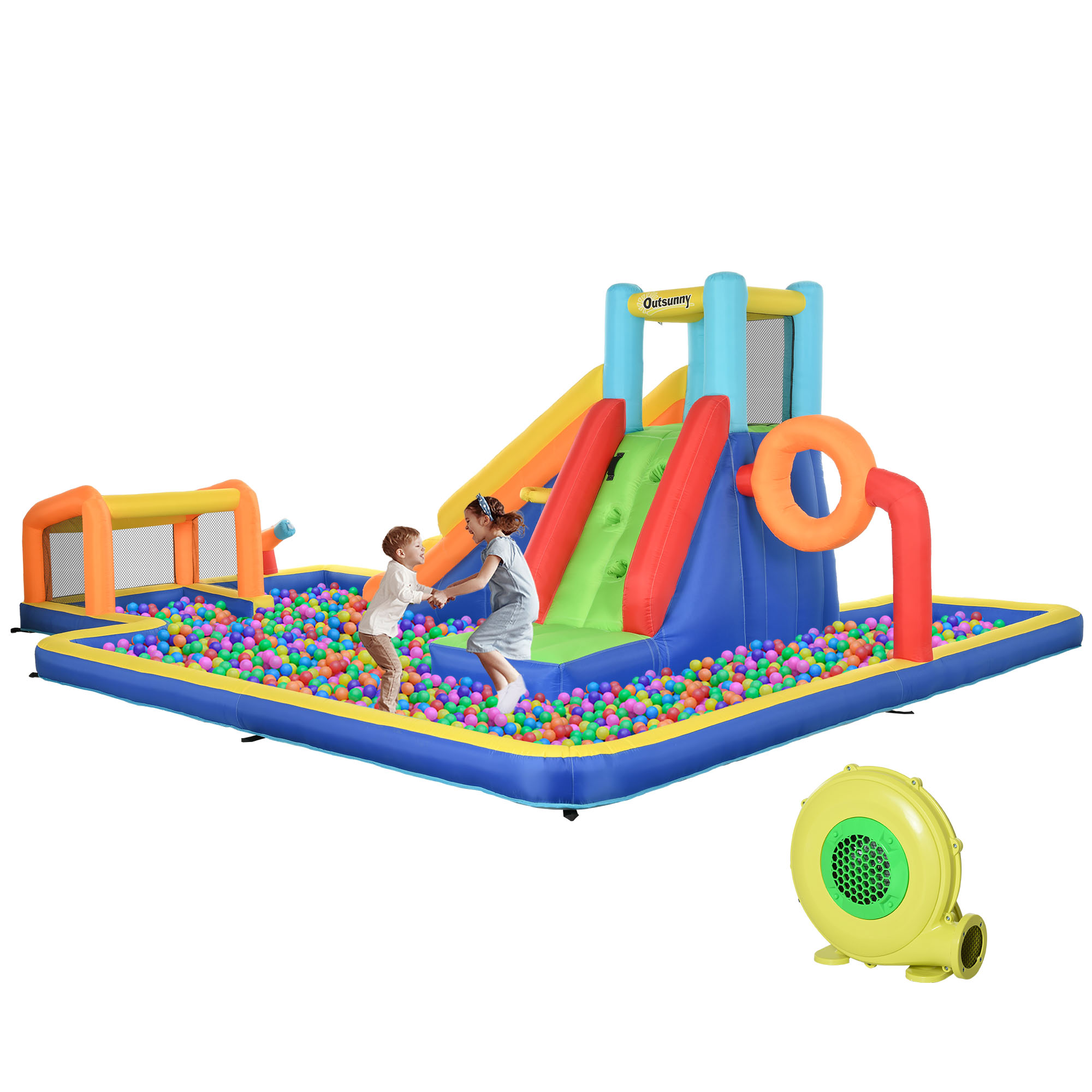 Outsunny Castel Gonflabil 6 in 1 pentru Copii cu Tobogan, Piscina, Perete de Catarare, Tun de Apa, Inel de Baschet, Stand de Fotbal, Suflanta Outsunny Castel Gonflabil 6 in 1 pentru Copii cu Tobogan, Piscina, Perete de Catarare, Tun de Apa, Inel de Baschet, Stand de Fotbal, Suflanta