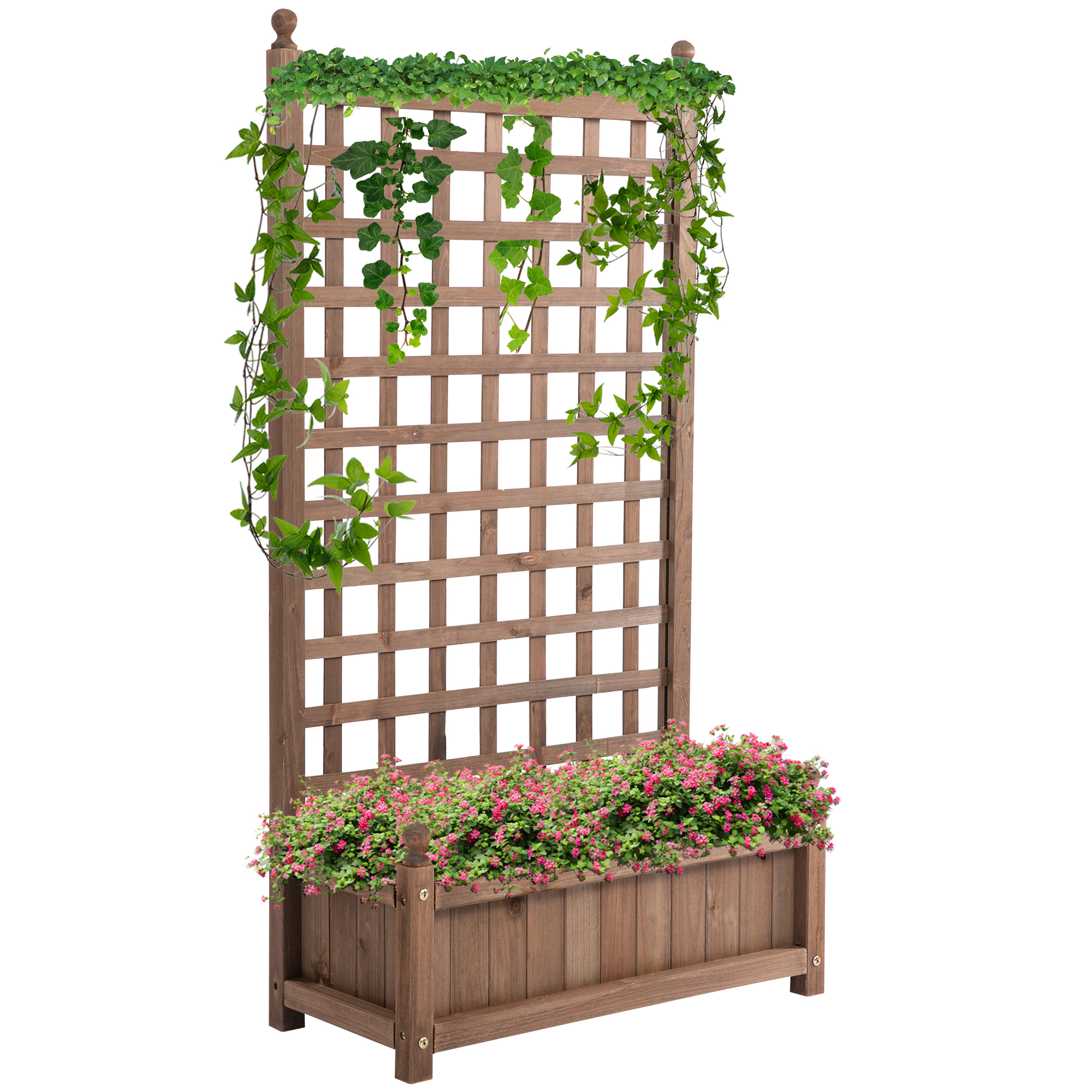 Outsunny Jardinieră Exterior din Lemn cu Suport pentru Plante și Grilaj pentru Plante Cățărătoare 64x28x120cm Maro | Aosom Romania Outsunny Jardinieră Exterior din Lemn cu Suport pentru Plante și Grilaj pentru Plante Cățărătoare 64x28x120cm Maro | Aosom Romania