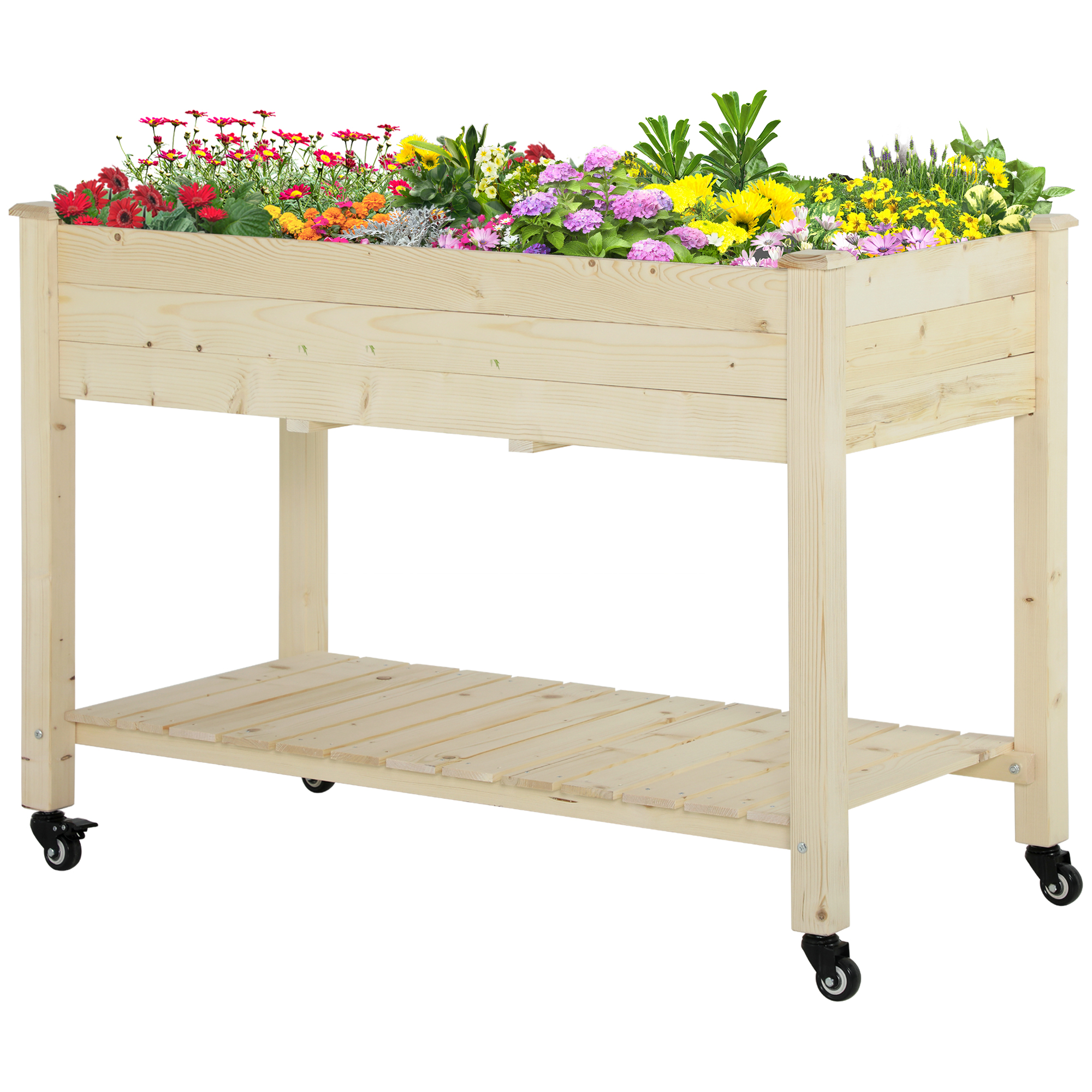 Outsunny Pat Grădină Legume Înălțat Lemn cu Roți, Jardiniera Înălțată cu Raft Inferior, 118x55x83cm, Natural | Aosom Romania Outsunny Pat Grădină Legume Înălțat Lemn cu Roți, Jardiniera Înălțată cu Raft Inferior, 118x55x83cm, Natural | Aosom Romania