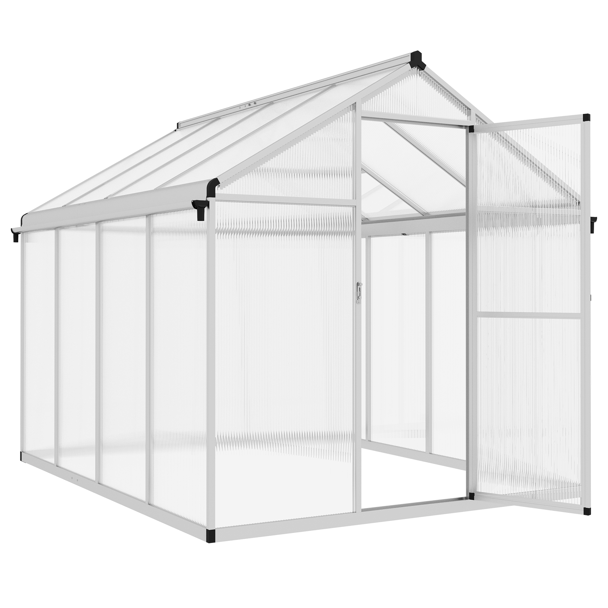 Outsunny Seră de Grădină din Policarbonat și Aluminiu, Seră de Plante cu Fereastră, Ușă cu Încuietoare și Jgheab, 243.5x192x195 cm, Gri Outsunny Seră de Grădină din Policarbonat și Aluminiu, Seră de Plante cu Fereastră, Ușă cu Încuietoare și Jgheab, 243.5x192x195 cm, Gri