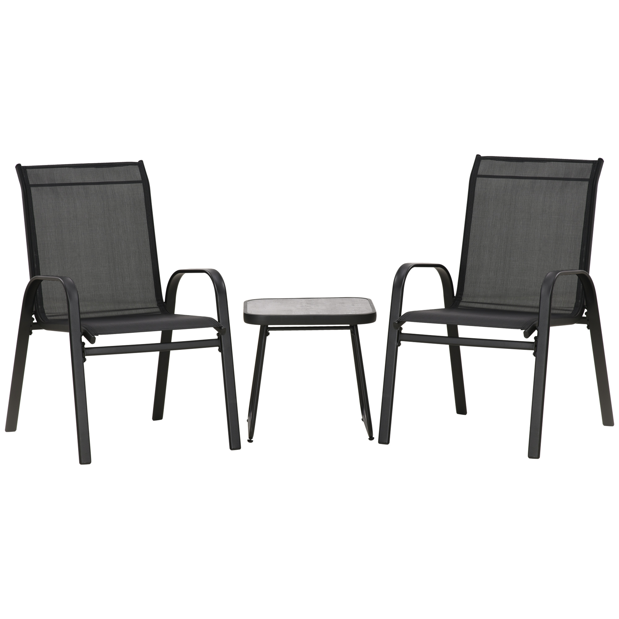 Outsunny Set Bistro de Exterior din 3 piese, Fotolii Stivuibile pentru Terasa cu Tesatura de Plasa Care Permite Circulatia Aerului, Negru | AOSOM RO Outsunny Set Bistro de Exterior din 3 piese, Fotolii Stivuibile pentru Terasa cu Tesatura de Plasa Care Permite Circulatia Aerului, Negru | AOSOM RO