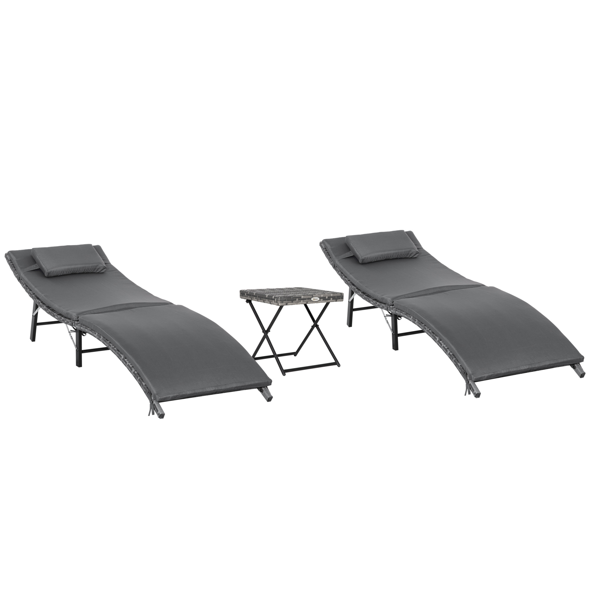 Outsunny Set de 2 Șezlonguri Pliabile din Ratan Gri cu Perne Detașabile Lavabile și Masă Pliabilă pentru Grădină | Aosom Romania Outsunny Set de 2 Șezlonguri Pliabile din Ratan Gri cu Perne Detașabile Lavabile și Masă Pliabilă pentru Grădină | Aosom Romania