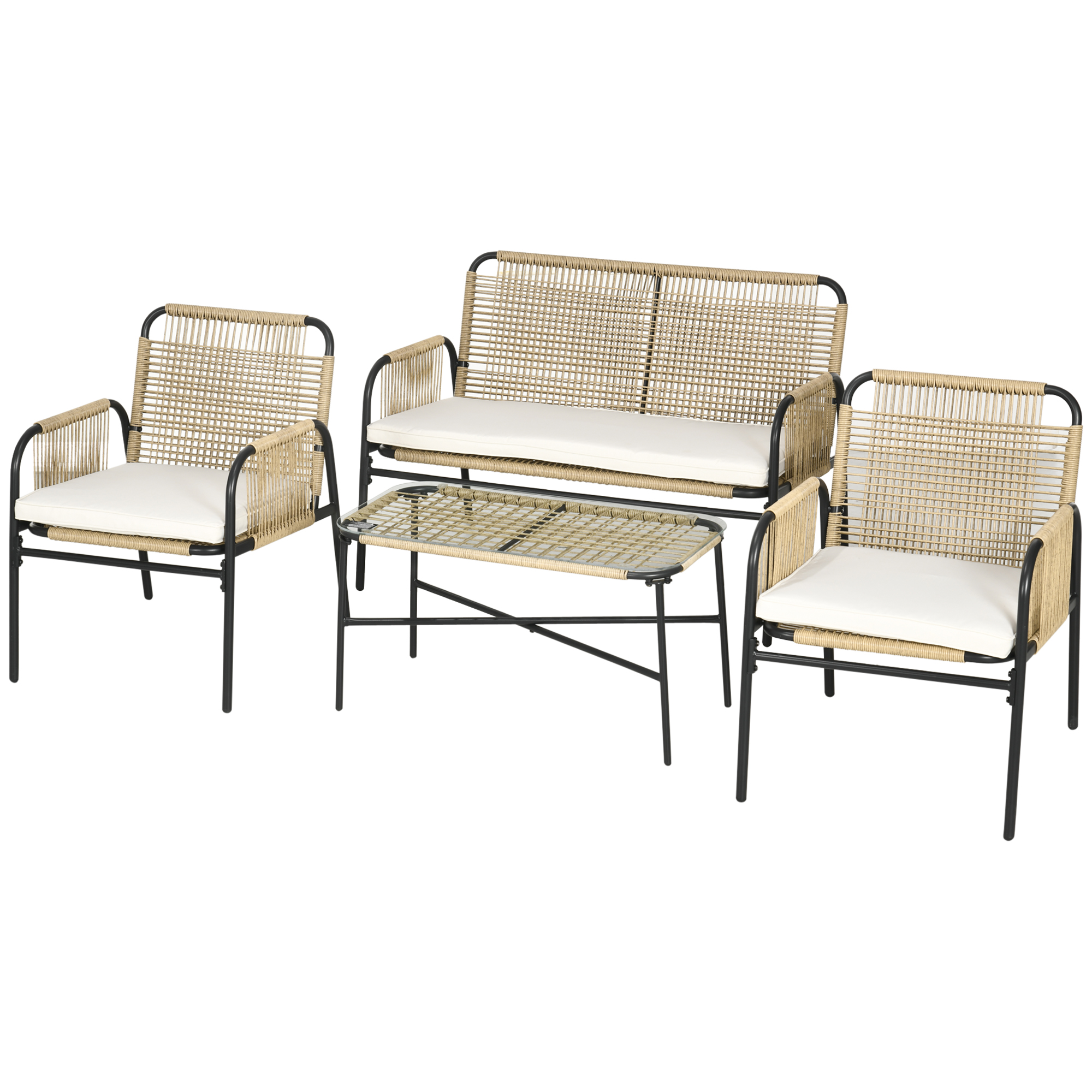 Outsunny Set din 4 Piese pentru Exterior cu Canapea cu 2 Locuri și 2 Fotolii cu Perne, Măsuță de Cafea din Sticlă, 110x65x74 cm, Galben Outsunny Set din 4 Piese pentru Exterior cu Canapea cu 2 Locuri și 2 Fotolii cu Perne, Măsuță de Cafea din Sticlă, 110x65x74 cm, Galben