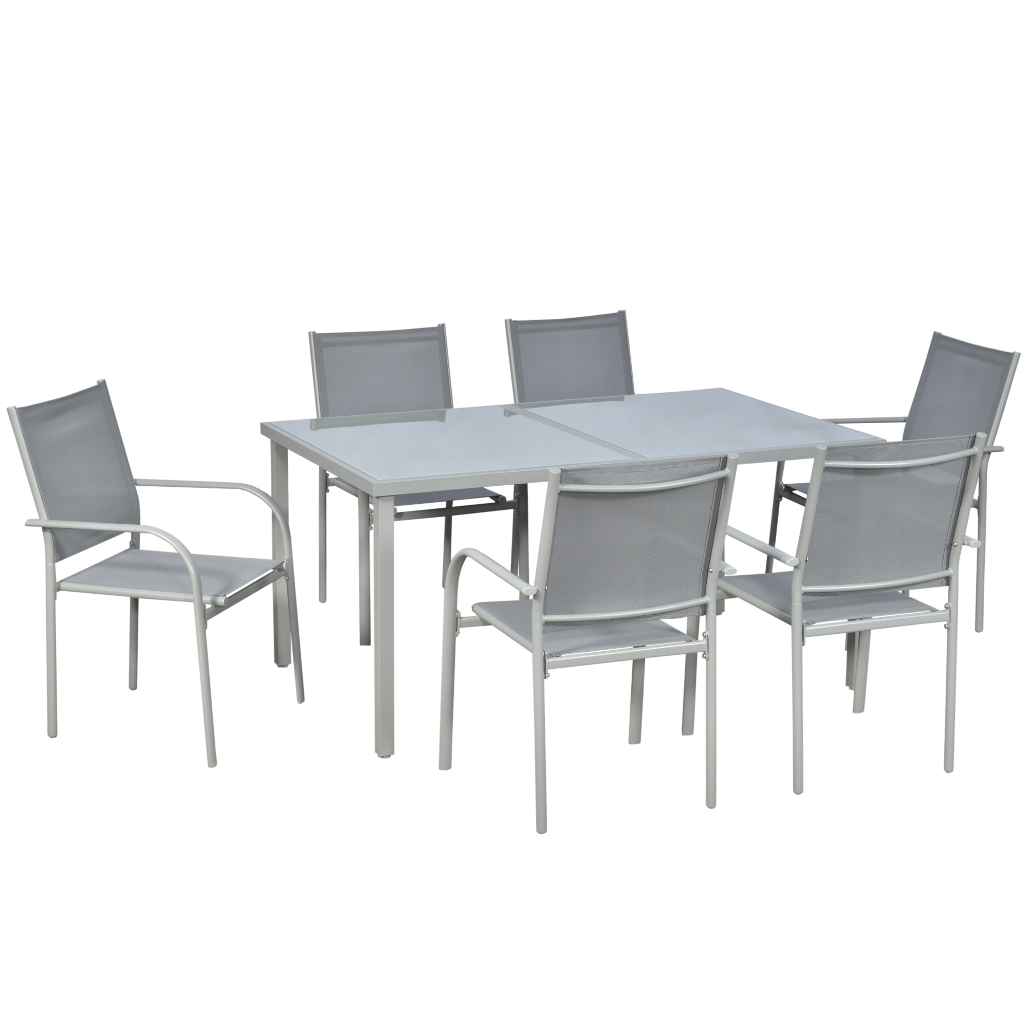 Outsunny Set Mobilier de Grădină cu Masă și 6 Scaune, Cadru din Aluminiu, Scaune din Plasă, Design Modern, Gri | Aosom Romania Outsunny Set Mobilier de Grădină cu Masă și 6 Scaune, Cadru din Aluminiu, Scaune din Plasă, Design Modern, Gri | Aosom Romania