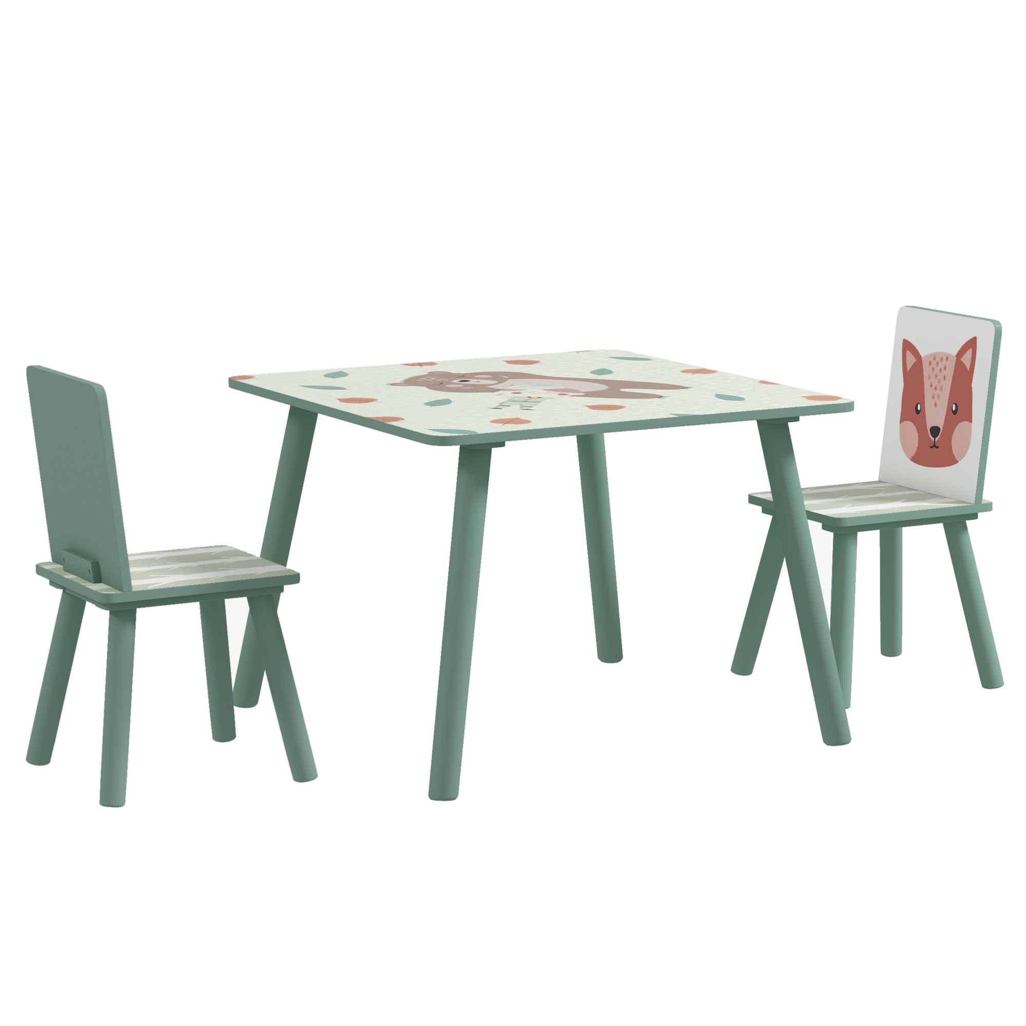 Set masă și scaun ZONEKIZ de 3 piese pentru copii cu vârsta de 3-8 ani din MDF și lemn de pin cu desene animale, de culoare verde Set masă și scaun ZONEKIZ de 3 piese pentru copii cu vârsta de 3-8 ani din MDF și lemn de pin cu desene animale, de culoare verde