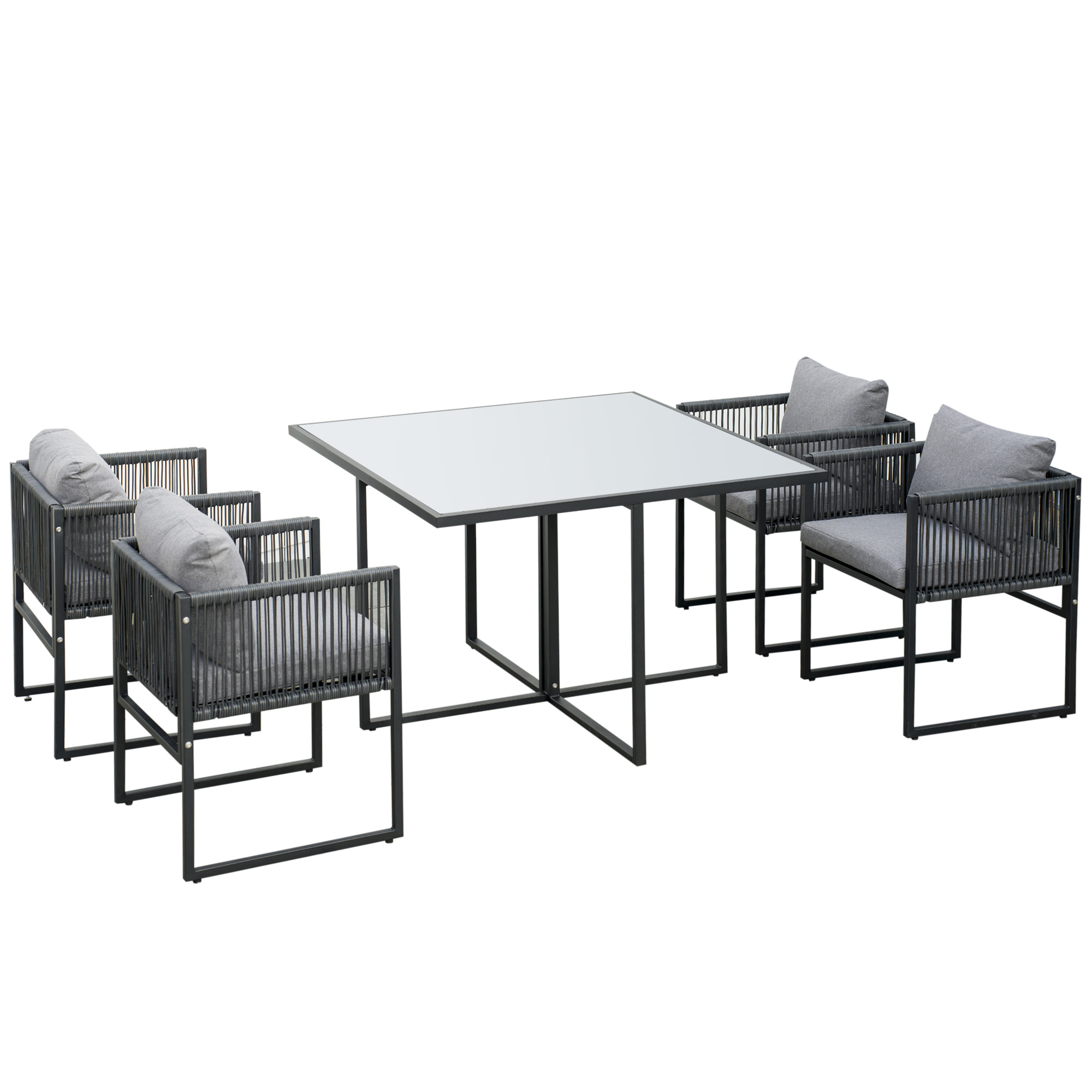 Set pentru gradina 5 bucati din ratan, 4 scaune pentru gradina cu perne si masa cu blat din sticla, negru si gri Set pentru gradina 5 bucati din ratan, 4 scaune pentru gradina cu perne si masa cu blat din sticla, negru si gri