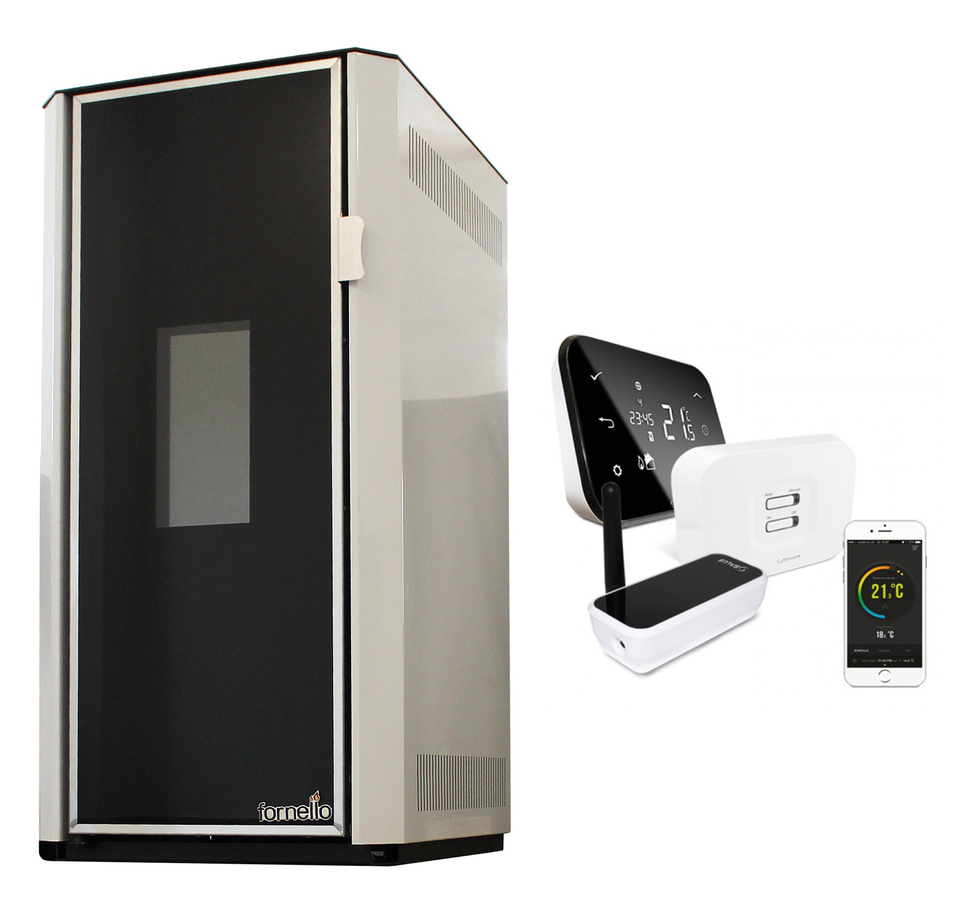 Pachet control de la distanta Termosemineu pe peleti Fornello Lidya 25 kW, pompa Grundfos, vas expansiune, telecomanda, arzator inox, sistem curatare mecanica si termostat Wi-Fi Salus IT 500 Pachet control de la distanta Termosemineu pe peleti Fornello Lidya 25 kW, pompa Grundfos, vas expansiune, telecomanda, arzator inox, sistem curatare mecanica si termostat Wi-Fi Salus IT 500