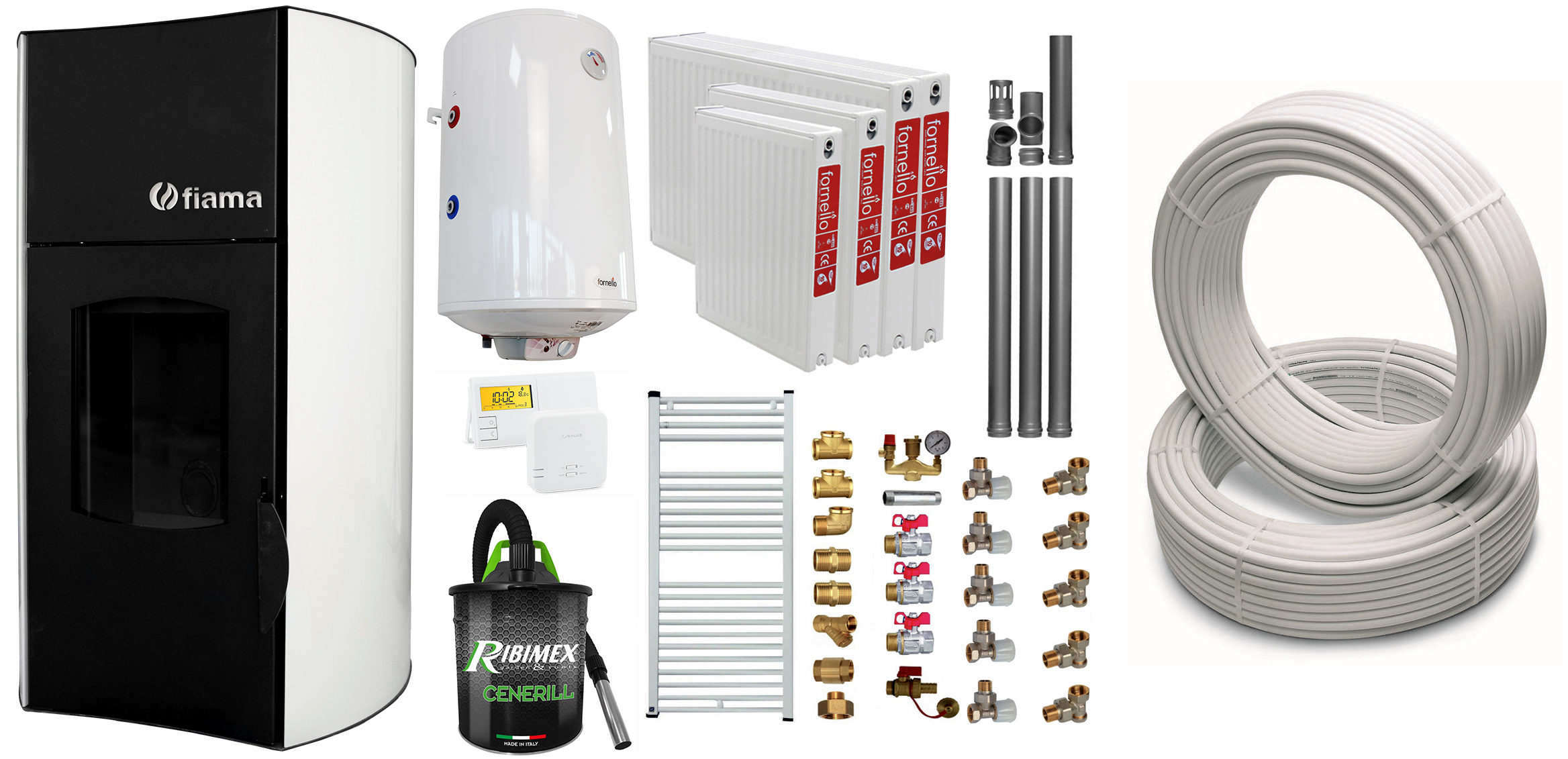 Pachet Termosemineu peleti Fiama Bianco 25 kw, complet echipat, teava hidronix, pompa circulatie, vas expansiune, kit evacuare 3.5 ml, Boiler Termoelectric, Termostat Salus , Aspirator, Calorifere si kit, Teava Multistrat
