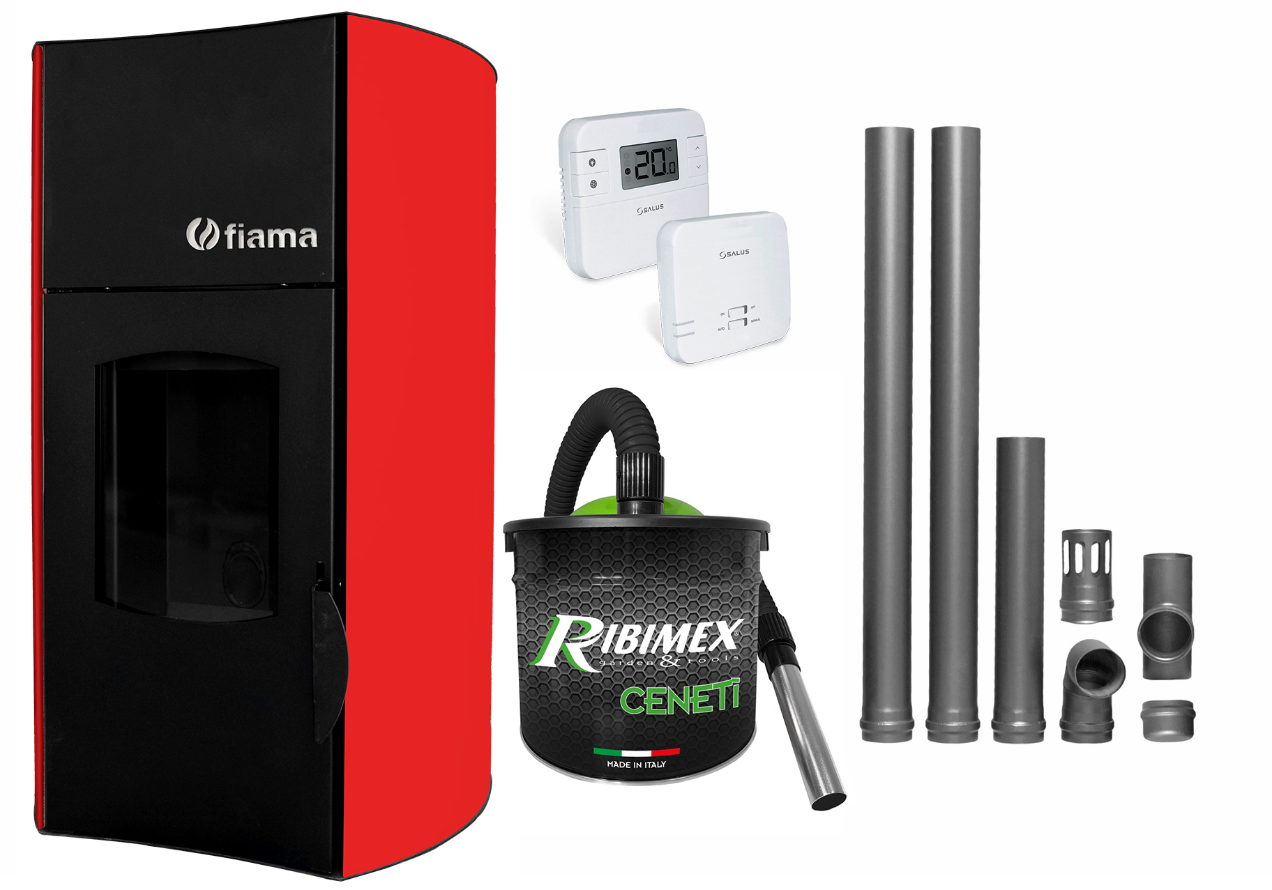 Pachet Termosemineu peleti Fiama Red 25 kw, complet echipat pentru incalzire, pompa circulatie, vas expansiune, automatizare, kit evacuare 2.5 ml, Termostat Radio Comanda Salus RT 305 RF, Aspirator Cenusa Pachet Termosemineu peleti Fiama Red 25 kw, complet echipat pentru incalzire, pompa circulatie, vas expansiune, automatizare, kit evacuare 2.5 ml, Termostat Radio Comanda Salus RT 305 RF, Aspirator Cenusa