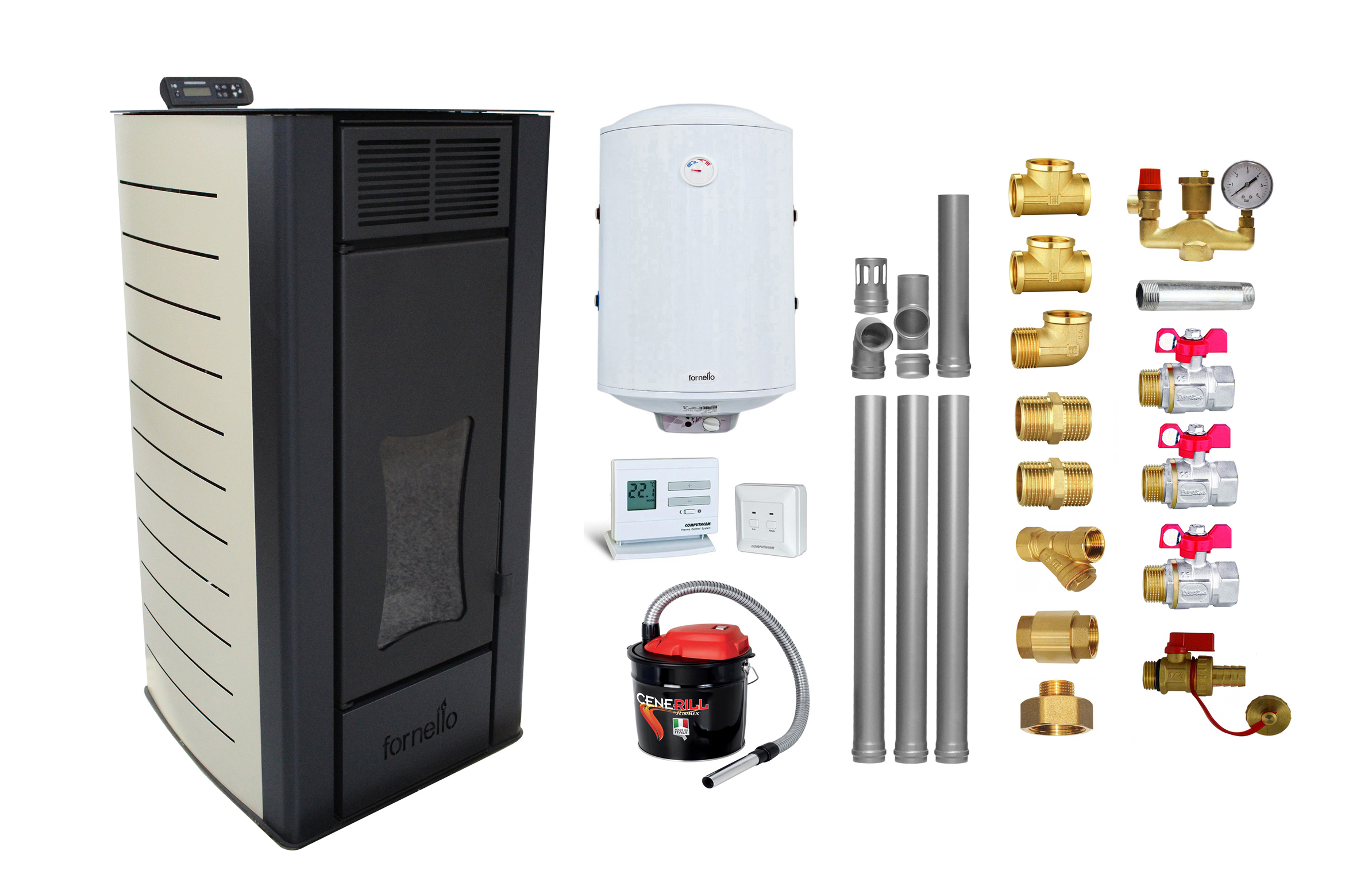 Pachet Termosemineu peleti Fornello Premium W 22, 22 kw, culoare Ivory, complet echipat, pompa circulatie, vas expansiune, automatizare, kit evacuare 3.5 ml, Boiler Termoelectric Fornello 100 l, Termostat Radio Comanda Computherm Q3 RF, Aspirator Cen Pachet Termosemineu peleti Fornello Premium W 22, 22 kw, culoare Ivory, complet echipat, pompa circulatie, vas expansiune, automatizare, kit evacuare 3.5 ml, Boiler Termoelectric Fornello 100 l, Termostat Radio Comanda Computherm Q3 RF, Aspirator Cen