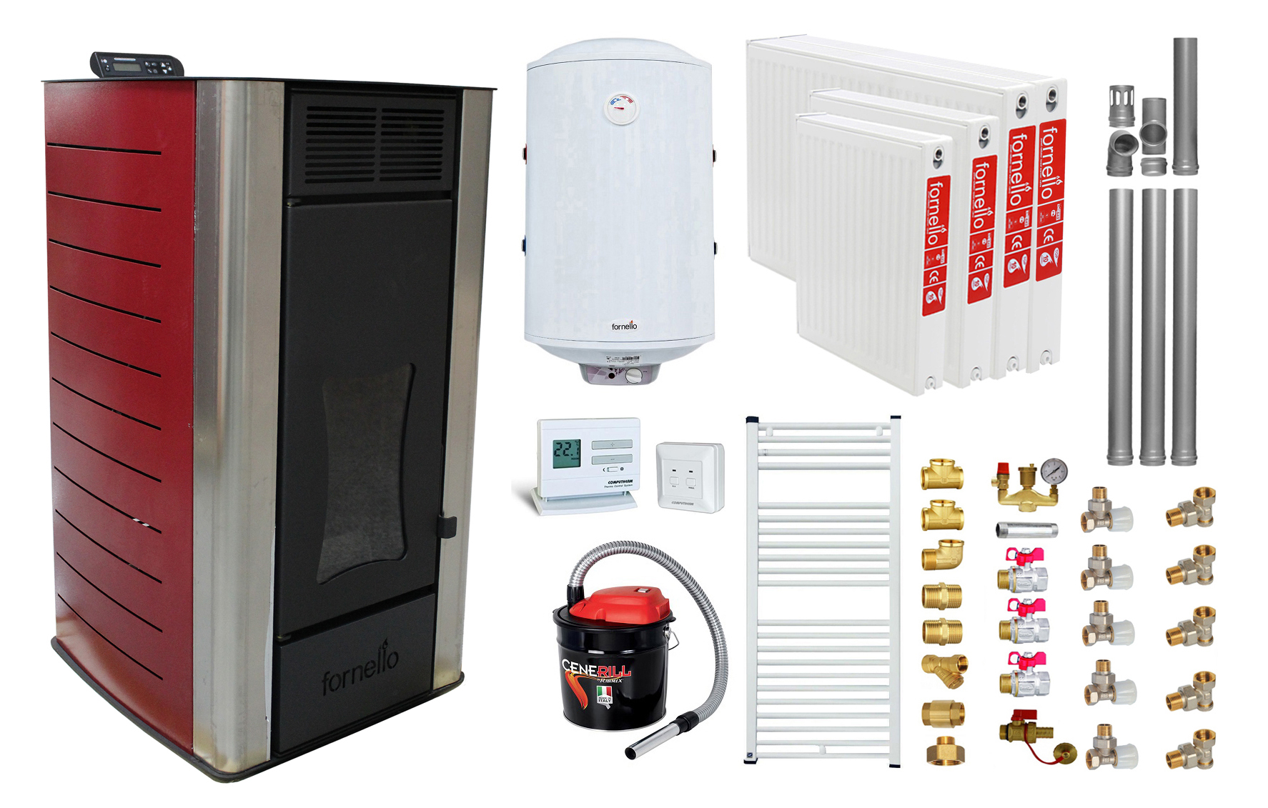 Pachet Termosemineu peleti Fornello Premium W22, 25 kw, Bordeaux, complet echipat, pompa circulatie, vas expansiune, automatizare, kit evacuare 3.5 ml, Boiler Termoelectric Fornello 100 l, Termostat Computherm Q3 RF, Aspirator, Calorifere si kit mon