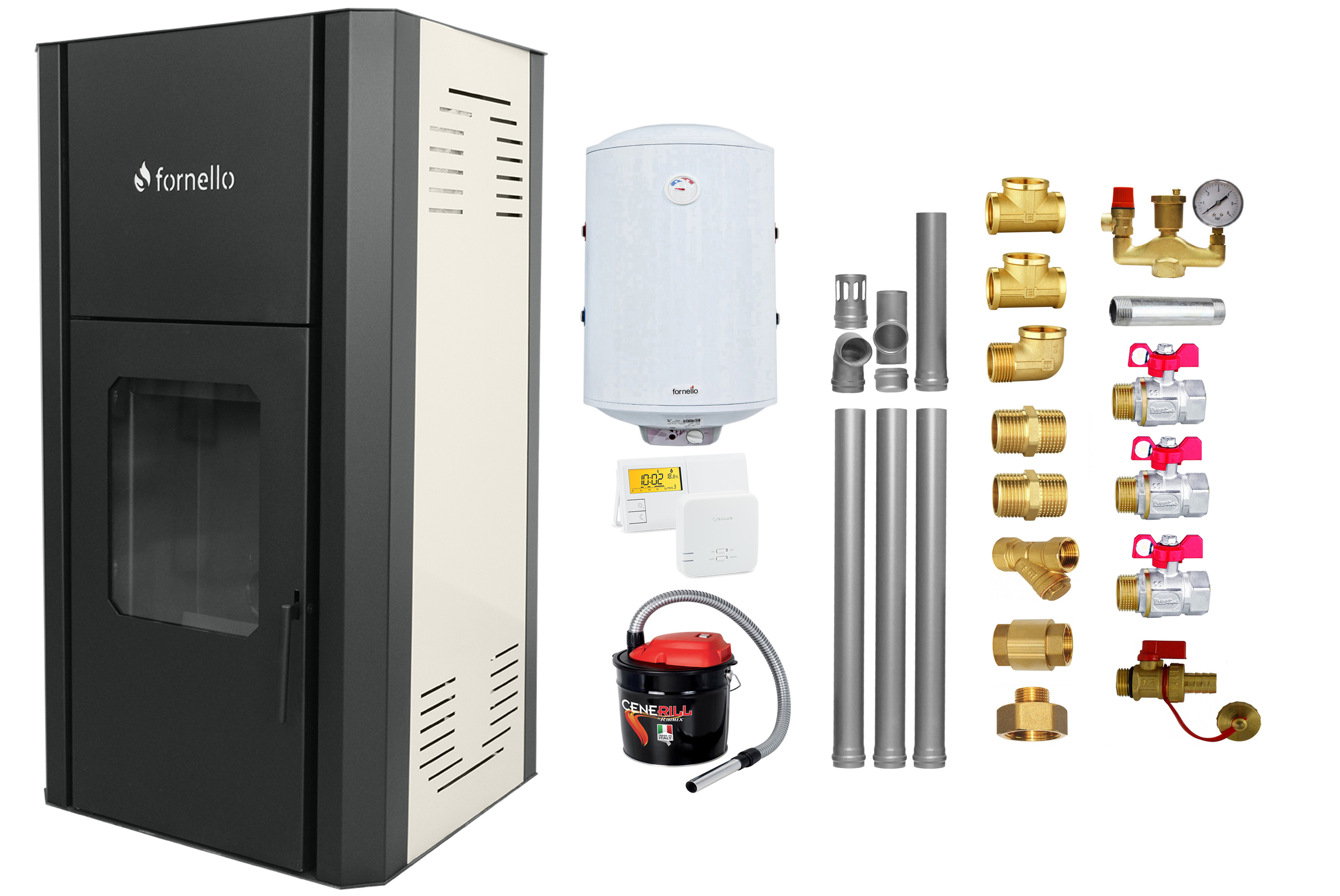 Pachet Termosemineu peleti Fornello Primo Pellet 25 kw, complet echipat pentru incalzire, pompa circulatie, vas expansiune, automatizare, kit evacuare 3.5 ml, Boiler Termoelectric Fornello 100 l, Termostat Salus 091FLRFV2, Aspirator si kit montaj Pachet Termosemineu peleti Fornello Primo Pellet 25 kw, complet echipat pentru incalzire, pompa circulatie, vas expansiune, automatizare, kit evacuare 3.5 ml, Boiler Termoelectric Fornello 100 l, Termostat Salus 091FLRFV2, Aspirator si kit montaj