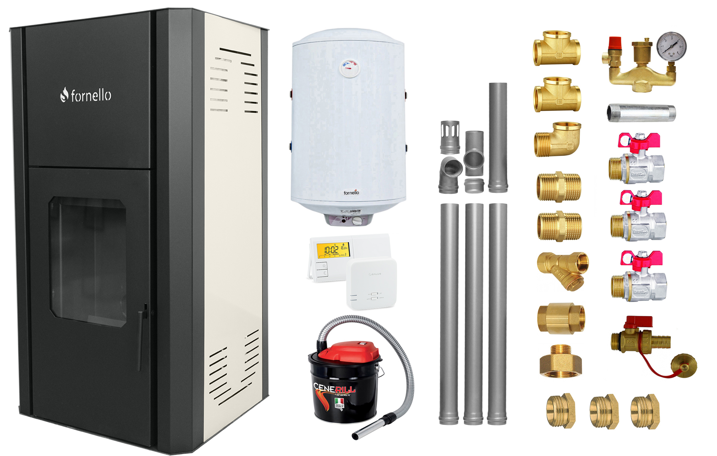 Pachet Termosemineu peleti Fornello Primo Pellet Ivory 30 kw, complet echipat pentru incalzire, pompa, vas expansiune, automatizare, kit evacuare 3.5 ml, Boiler Termoelectric Fornello 100 l, Termostat Salus 091FLRFV2, Aspirator si kit montaj Pachet Termosemineu peleti Fornello Primo Pellet Ivory 30 kw, complet echipat pentru incalzire, pompa, vas expansiune, automatizare, kit evacuare 3.5 ml, Boiler Termoelectric Fornello 100 l, Termostat Salus 091FLRFV2, Aspirator si kit montaj