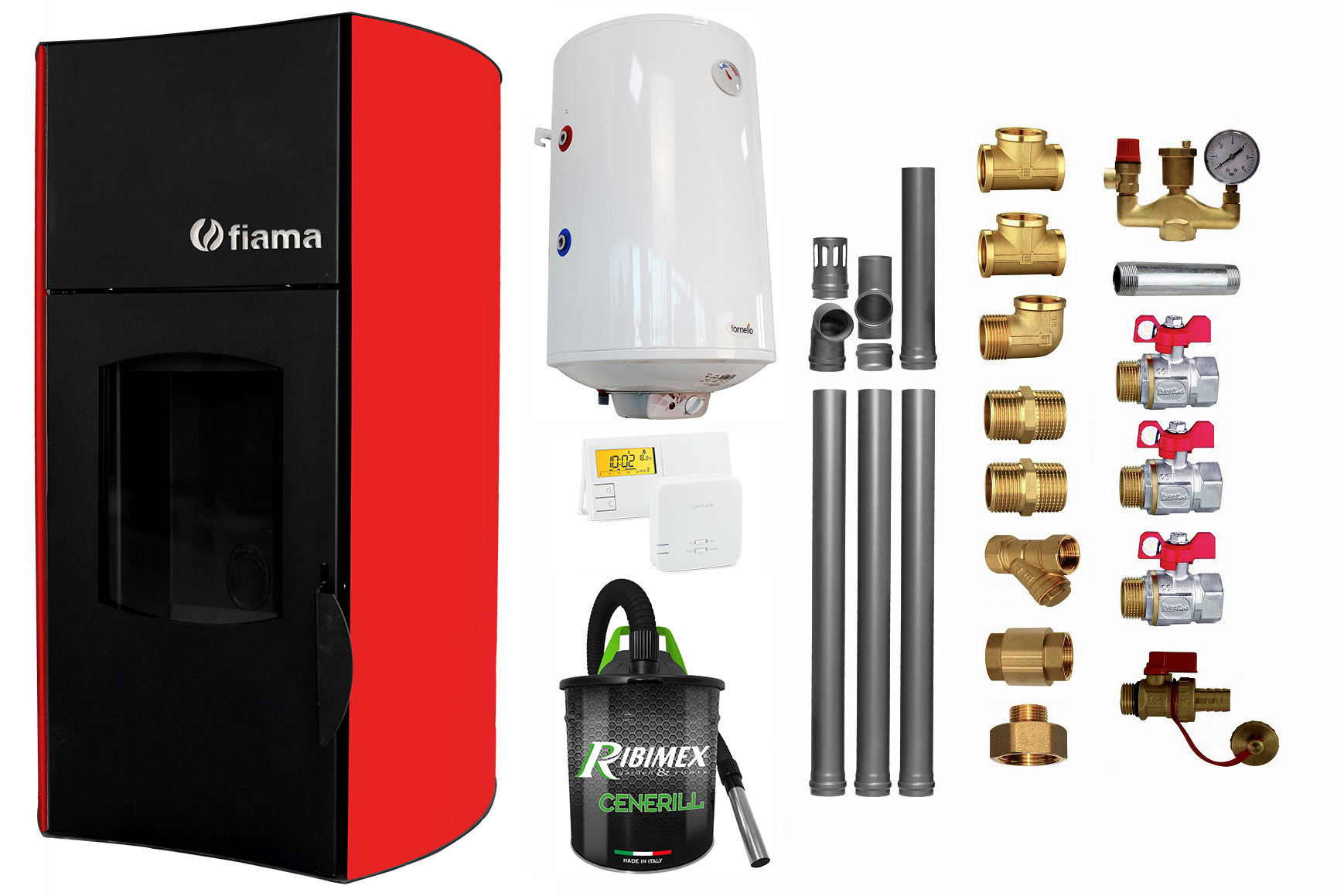 Pachet Termosemineu peleti Fiama Red 25 kw, complet echipat pentru incalzire, pompa circulatie, vas expansiune, automatizare, kit evacuare 3.5 ml, Boiler Termoelectric Fornello 100 l, Termostat Salus 091FLRFV2, Aspirator si kit montaj Pachet Termosemineu peleti Fiama Red 25 kw, complet echipat pentru incalzire, pompa circulatie, vas expansiune, automatizare, kit evacuare 3.5 ml, Boiler Termoelectric Fornello 100 l, Termostat Salus 091FLRFV2, Aspirator si kit montaj
