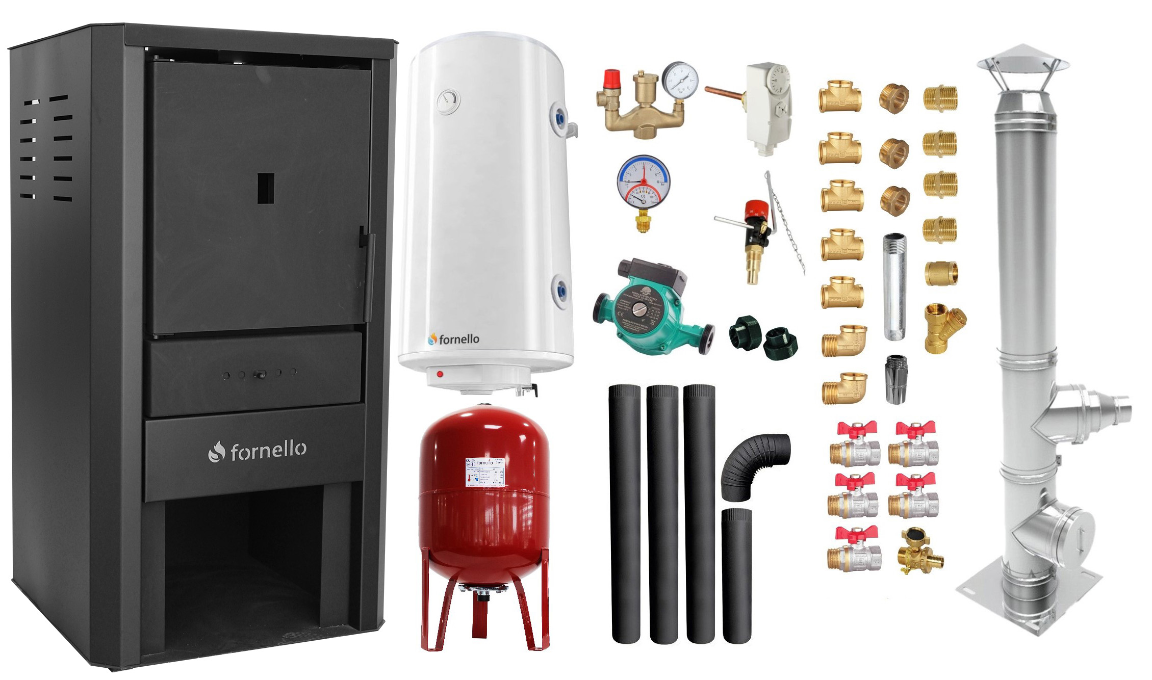 Pachet Cazan pe lemne, brichete si carbune Fornello Monza Black 27 kW, Cos inox, Kit evacuare interior, Boiler Termoelectric, Vas Expansune, Pompa si Fitinguri Montaj