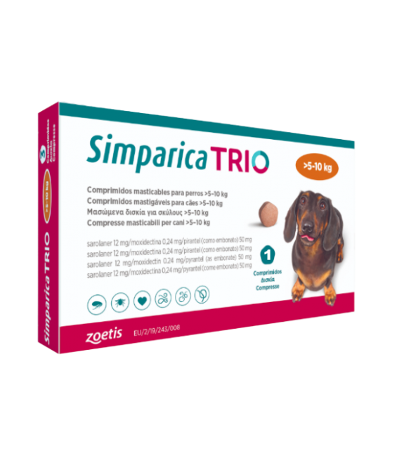 Simparica Trio Caini 12 mg (5.1 - 10 kg) Deparazitare interna si externa, 3 x comprimate masticabile Simparica Trio Caini 12 mg (5.1 - 10 kg) Deparazitare interna si externa, 3 x comprimate masticabile