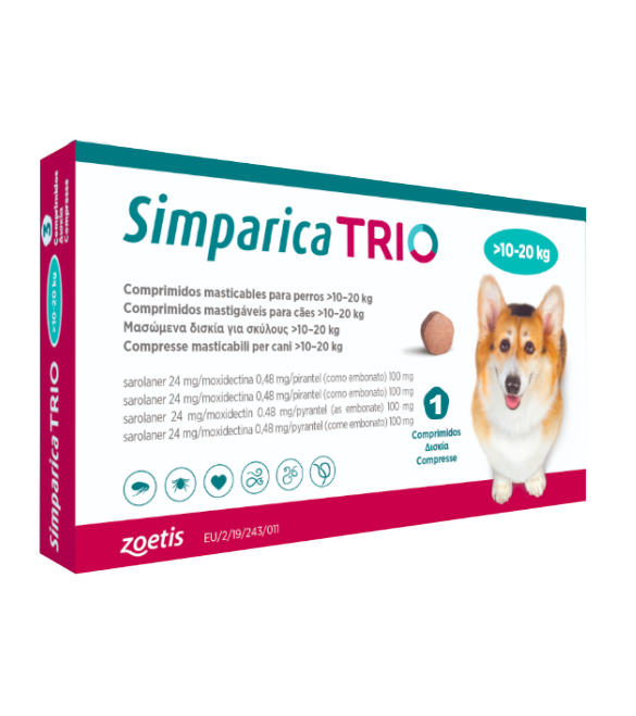 Simparica Trio Caini 24 mg (10.1 - 20 kg) Deparazitare interna si externa, 3 x comprimate masticabile Simparica Trio Caini 24 mg (10.1 - 20 kg) Deparazitare interna si externa, 3 x comprimate masticabile