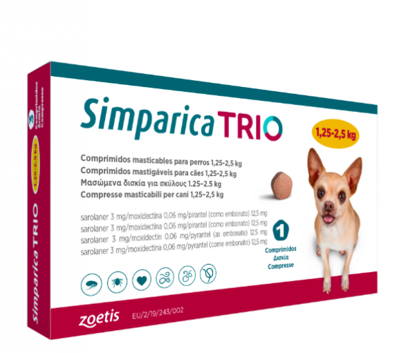 Simparica Trio Caini 3 mg(1.25 - 2.5 kg) Deparazitare interna si externa, 3 x comprimate masticabile Simparica Trio Caini 3 mg(1.25 - 2.5 kg) Deparazitare interna si externa, 3 x comprimate masticabile