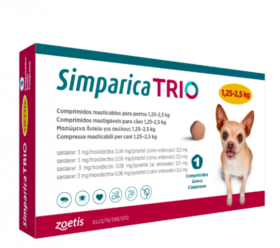 Simparica Trio Caini 3 mg(1.25 - 2.5 kg) Deparazitare interna si externa, 3 x comprimate masticabile