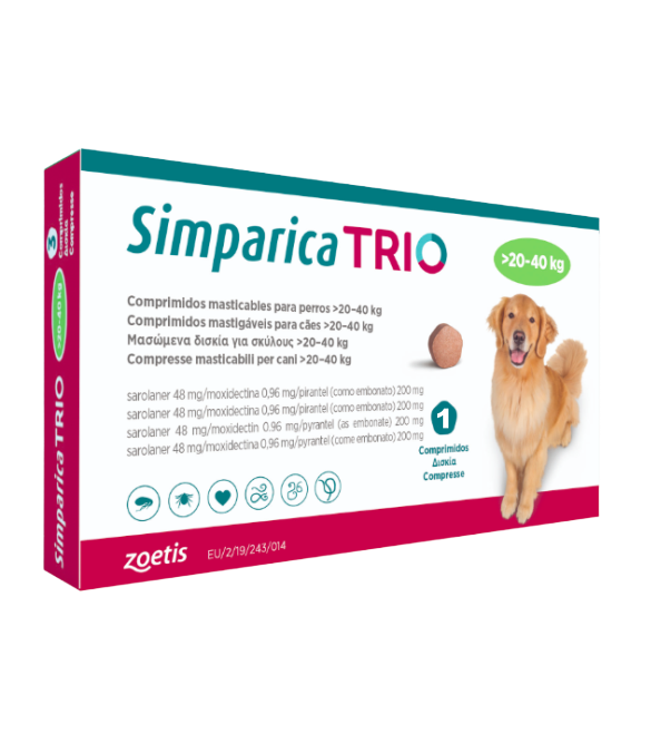 Simparica Trio Caini 48 mg (20.1 - 40 kg) Deparazitare interna si externa, 3 x comprimate masticabile Simparica Trio Caini 48 mg (20.1 - 40 kg) Deparazitare interna si externa, 3 x comprimate masticabile