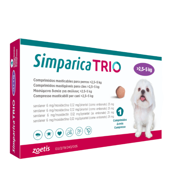 Simparica Trio Caini 6 mg (2.6 - 5 kg) Deparazitare interna si externa, 3 x comprimate masticabile Simparica Trio Caini 6 mg (2.6 - 5 kg) Deparazitare interna si externa, 3 x comprimate masticabile