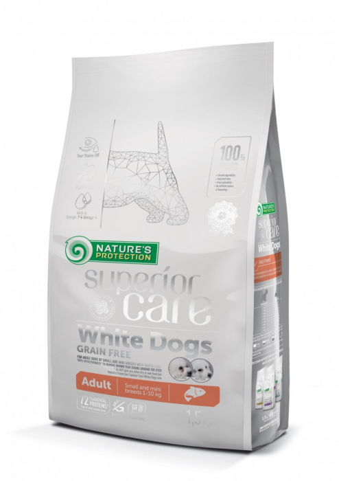 NATURES PROTECTION Superior Care White Dogs SmallMini Grain Free, Somon, ajuta la eliminarea lacrimarii excesive si reducerea petelor maronii de la ochi, 1.5kg