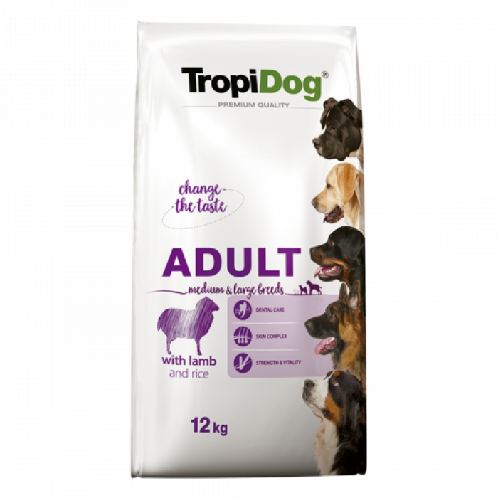 TropiDog, hrana uscata Premium Adult, pentru talie medie si mare, miel orez, 12 kg TropiDog, hrana uscata Premium Adult, pentru talie medie si mare, miel orez, 12 kg
