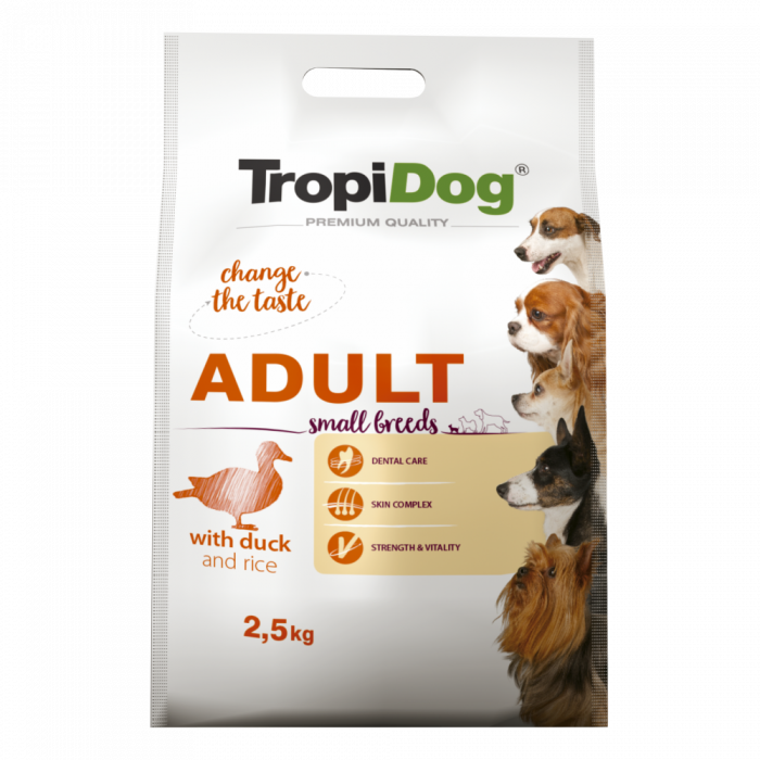 TropiDog, hrana uscata Premium Talie mica cu Rata si orez, 2.5 kg TropiDog, hrana uscata Premium Talie mica cu Rata si orez, 2.5 kg