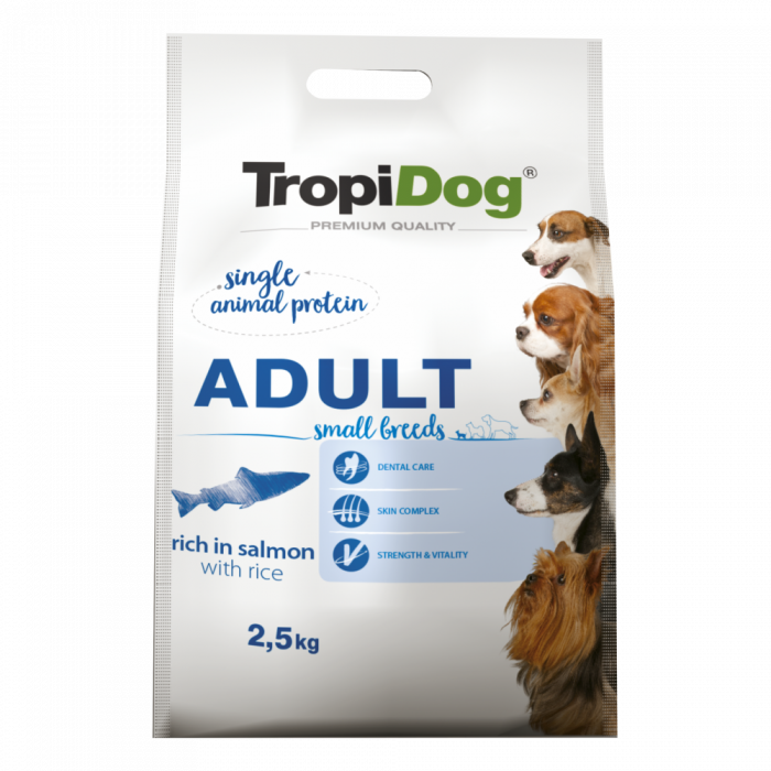 TropiDog, hrana uscata Premium Talie mica cu Somon si orez, 2.5 kg TropiDog, hrana uscata Premium Talie mica cu Somon si orez, 2.5 kg