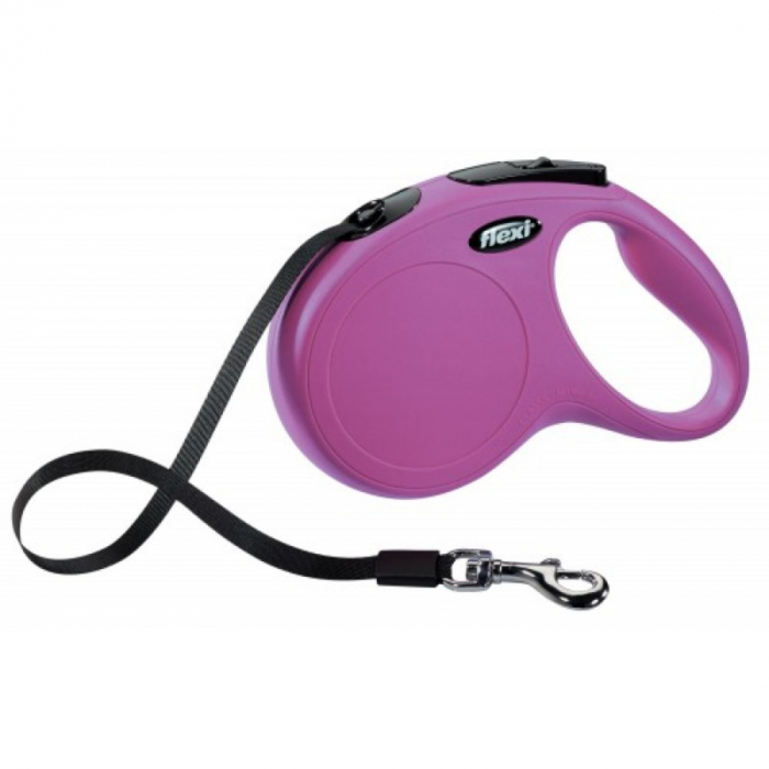Lesa pentru caini New Classic banda, Flexi, Retractabil, Pana la 25 kg, M, 5 metri, Roz Lesa pentru caini New Classic banda, Flexi, Retractabil, Pana la 25 kg, M, 5 metri, Roz