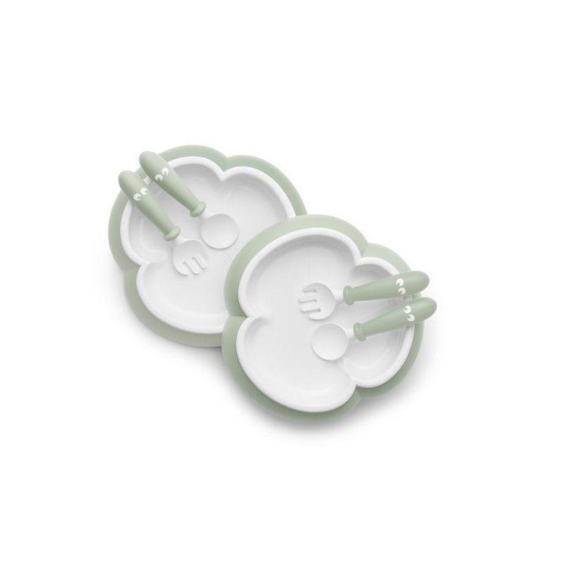 BabyBjorn - 2 Seturi hranire: farfurie, lingurita si furculita pentru bebe, Powder Green BabyBjorn - 2 Seturi hranire: farfurie, lingurita si furculita pentru bebe, Powder Green