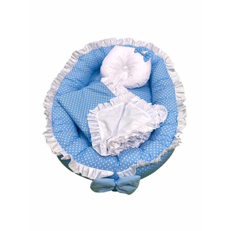 Cuib baby nest bebelusi cu volanase paturica si pernuta Albastru cu buline albe LUX Cuib baby nest bebelusi cu volanase paturica si pernuta Albastru cu buline albe LUX