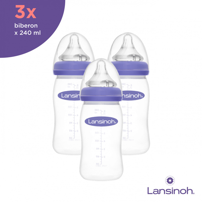 Pachet biberoane, Lansinoh, 3 buc, Cu tetine cu flux mediu, Din silicon, Fara BPA, 240 ml, 3 luni+, Violet Pachet biberoane, Lansinoh, 3 buc, Cu tetine cu flux mediu, Din silicon, Fara BPA, 240 ml, 3 luni+, Violet