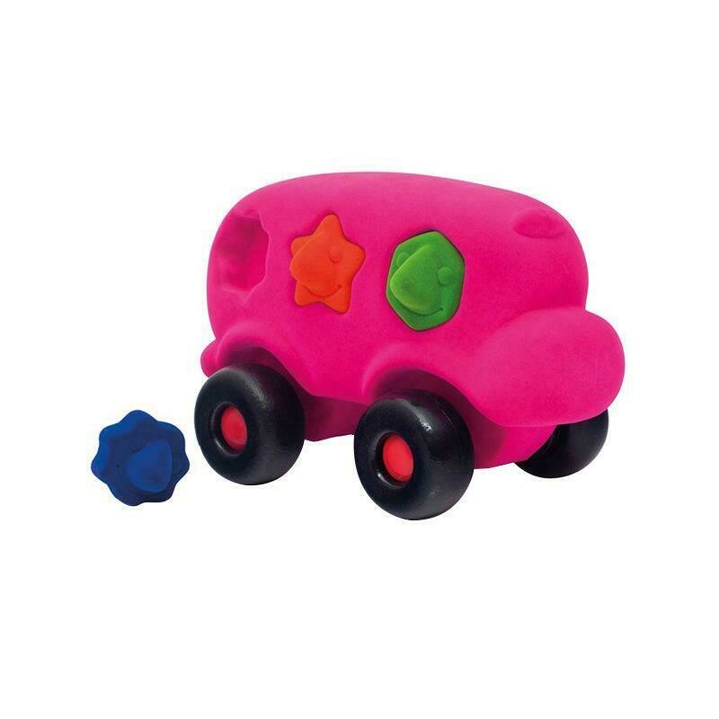 Autobuz interactiv sortator de forme, din cauciuc natural, 22 cm, roz, 1an +, Rubbabu Autobuz interactiv sortator de forme, din cauciuc natural, 22 cm, roz, 1an +, Rubbabu