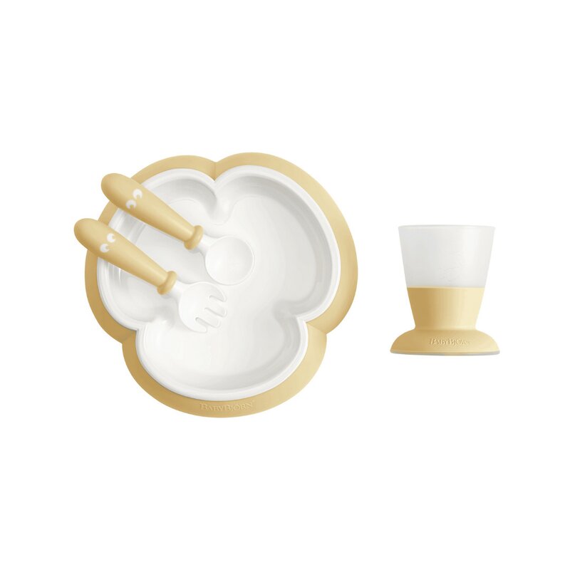 BabyBjorn - Set hranire: farfurie, lingurita, furculita si pahar pentru bebe, Powder Yellow BabyBjorn - Set hranire: farfurie, lingurita, furculita si pahar pentru bebe, Powder Yellow