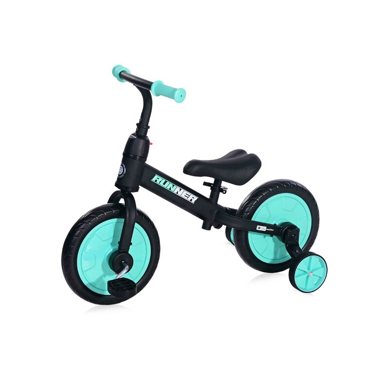 Bicicleta 2in1, Cu pedale, Fara pedale, RUNNER, Cu roti auxiliare, Black & Turquoise Bicicleta 2in1, Cu pedale, Fara pedale, RUNNER, Cu roti auxiliare, Black & Turquoise