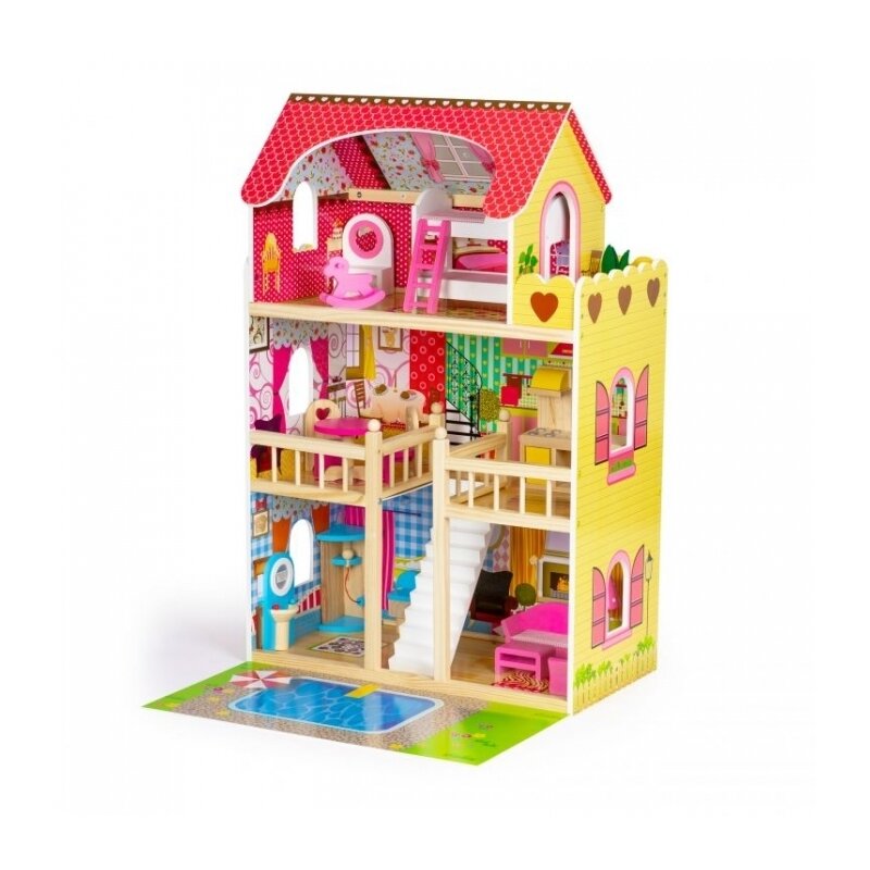 Casuta de papusi inalta din lemn cu mobilier si piscina, Ecotoys W06A333E Casuta de papusi inalta din lemn cu mobilier si piscina, Ecotoys W06A333E