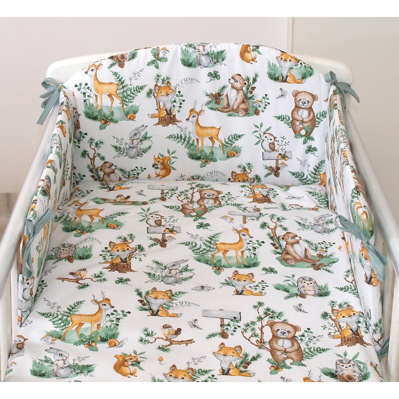 Amy - Set lenjerie din bumbac cu protectie laterala pentru pat bebe 120 x 60 cm. Animalute de padure. Amy - Set lenjerie din bumbac cu protectie laterala pentru pat bebe 120 x 60 cm. Animalute de padure.