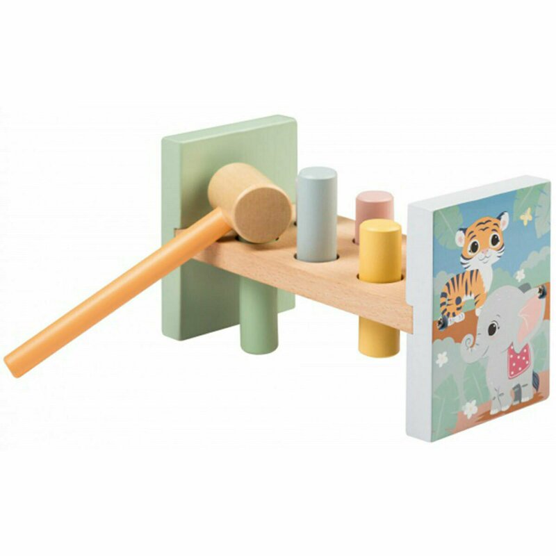 Banc de lucru, Joueco, Familia Wildies, 10 piese, Cu ciocanel, Din lemn certificat FSC, 26x12 cm, 12 luni+, Multicolor Banc de lucru, Joueco, Familia Wildies, 10 piese, Cu ciocanel, Din lemn certificat FSC, 26x12 cm, 12 luni+, Multicolor
