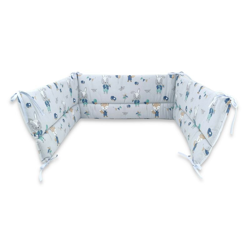 Aparatoare pentru patut, Qmini, Din bumbac certificat Oeko Tex Standard 100, 180x30 cm, Cu panglici, Fox and Rabbit, Blue Aparatoare pentru patut, Qmini, Din bumbac certificat Oeko Tex Standard 100, 180x30 cm, Cu panglici, Fox and Rabbit, Blue