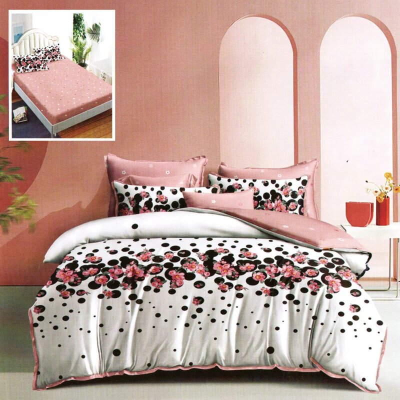 Lenjerie de pat finet 6 piese, cearceaf pat cu elastic, cearceaf pilota 200x230, 2 fete perna 50x70, 2 fete perna 70x70, Extra, Model Flori piersic Lenjerie de pat finet 6 piese, cearceaf pat cu elastic, cearceaf pilota 200x230, 2 fete perna 50x70, 2 fete perna 70x70, Extra, Model Flori piersic