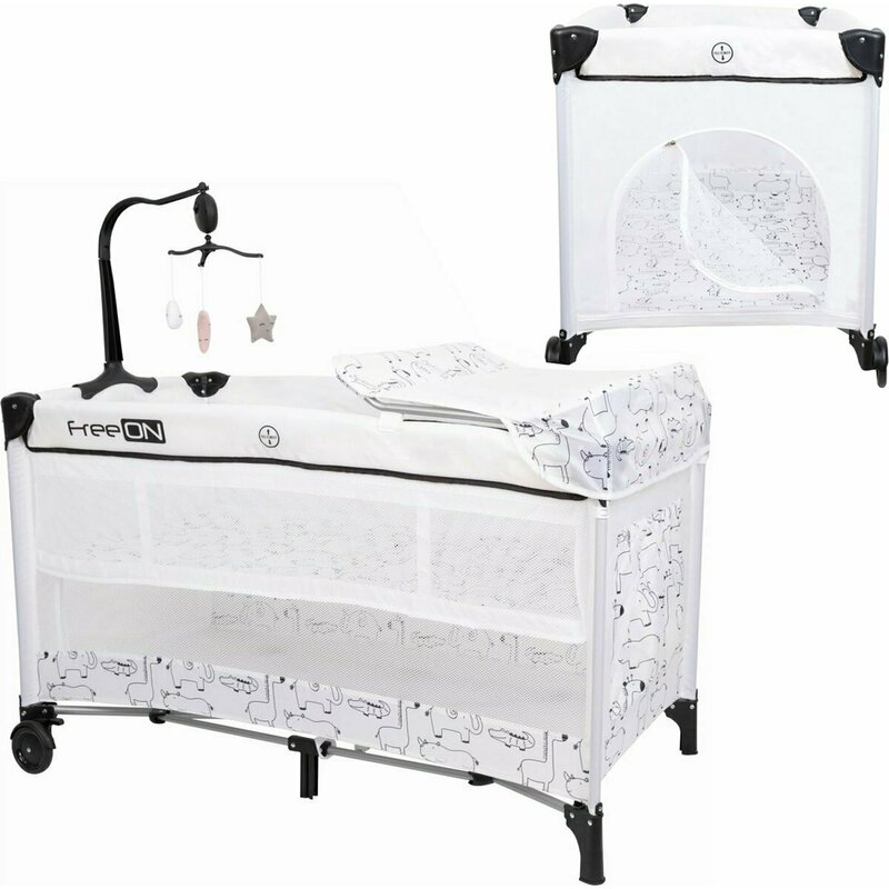 Patut pliant bebe, 120x60 cm, Cu doua nivele, Cu carusel, Masuta de infasat, 2 Roti, Cu buzunar lateral, Conform cu standardul european de securitate EN 716-1:2017, EN 12221-1:2008+A1:2013, White-Black, FreeON, Safari Patut pliant bebe, 120x60 cm, Cu doua nivele, Cu carusel, Masuta de infasat, 2 Roti, Cu buzunar lateral, Conform cu standardul european de securitate EN 716-1:2017, EN 12221-1:2008+A1:2013, White-Black, FreeON, Safari