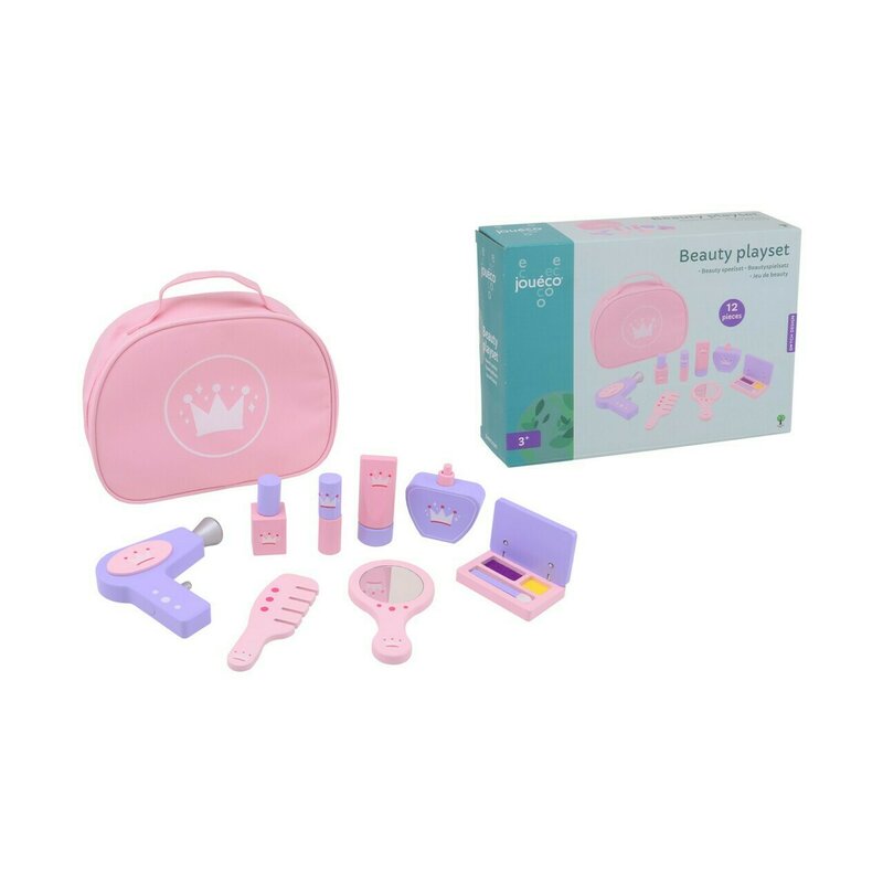 Set de infrumusetare, Joueco, 12 piese, Cu geanta de transport si accesorii make-up, Din lemn certificat FSC, 3 ani+, Multicolor Set de infrumusetare, Joueco, 12 piese, Cu geanta de transport si accesorii make-up, Din lemn certificat FSC, 3 ani+, Multicolor