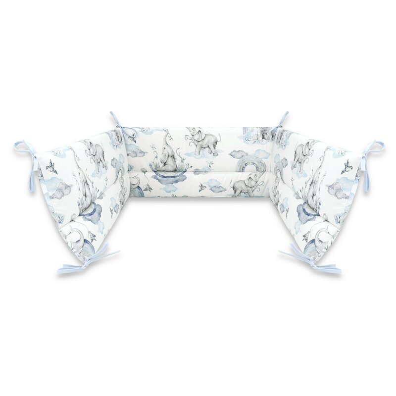 Aparatoare pentru patut, Qmini, Din bumbac certificat Oeko Tex Standard 100, 180x30 cm, Cu panglici, Elephants on Rainbow Blue Aparatoare pentru patut, Qmini, Din bumbac certificat Oeko Tex Standard 100, 180x30 cm, Cu panglici, Elephants on Rainbow Blue