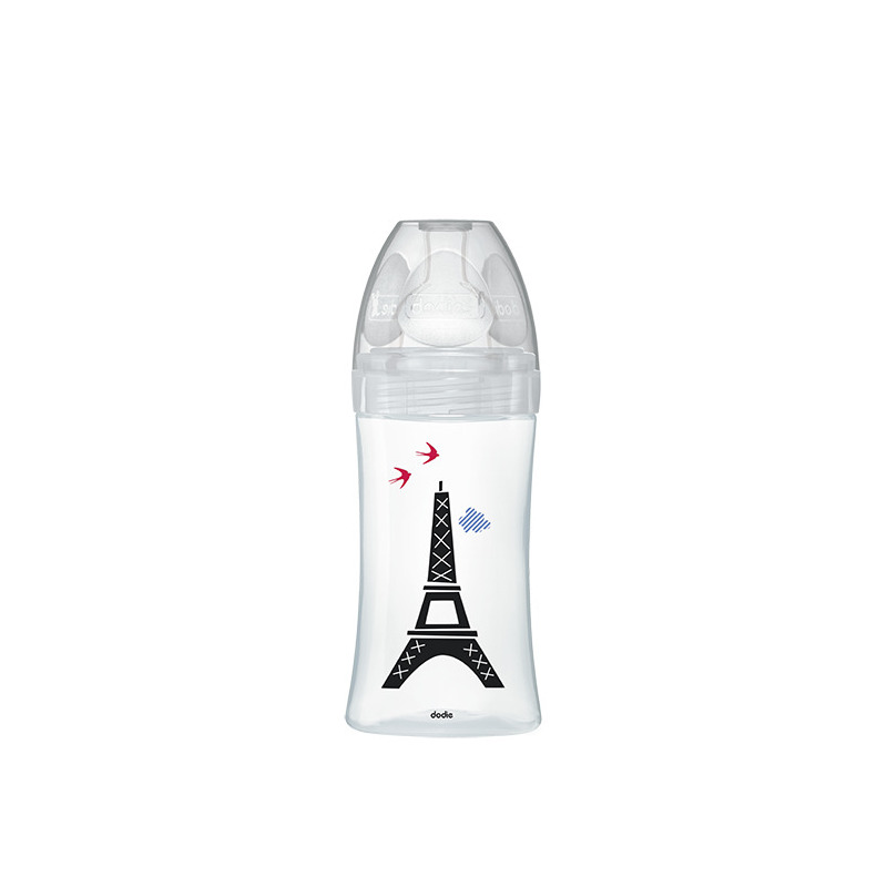 Biberon Dodie Sensation+, STICLA, 270 ml, 0-6 luni, debit 2, Anti-colici, tetina plata, PARIS Biberon Dodie Sensation+, STICLA, 270 ml, 0-6 luni, debit 2, Anti-colici, tetina plata, PARIS