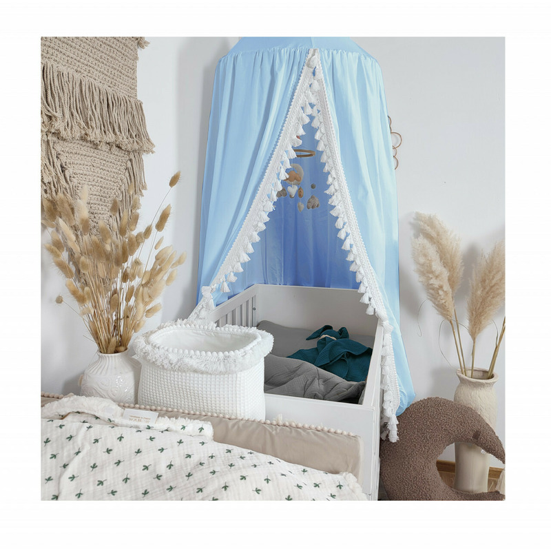 Baldachin din Bumbac Cambric cu Suport metalic de agatat de tavan, pentru patut copii / loc de joaca, Koell, Boho Maxi, Albastru Baldachin din Bumbac Cambric cu Suport metalic de agatat de tavan, pentru patut copii / loc de joaca, Koell, Boho Maxi, Albastru